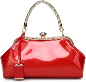 Dayfine Handbags for Women Glossy Patent Leather Top Handle Purse Crystal Buckle Satchel Bag Evening Tote Bags Shoulder Bag