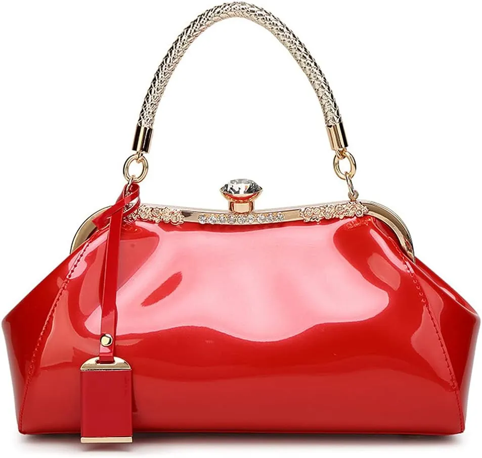 Dayfine Handbags for Women Glossy Patent Leather Top Handle Purse Crystal Buckle Satchel Bag Evening Tote Bags Shoulder Bag
