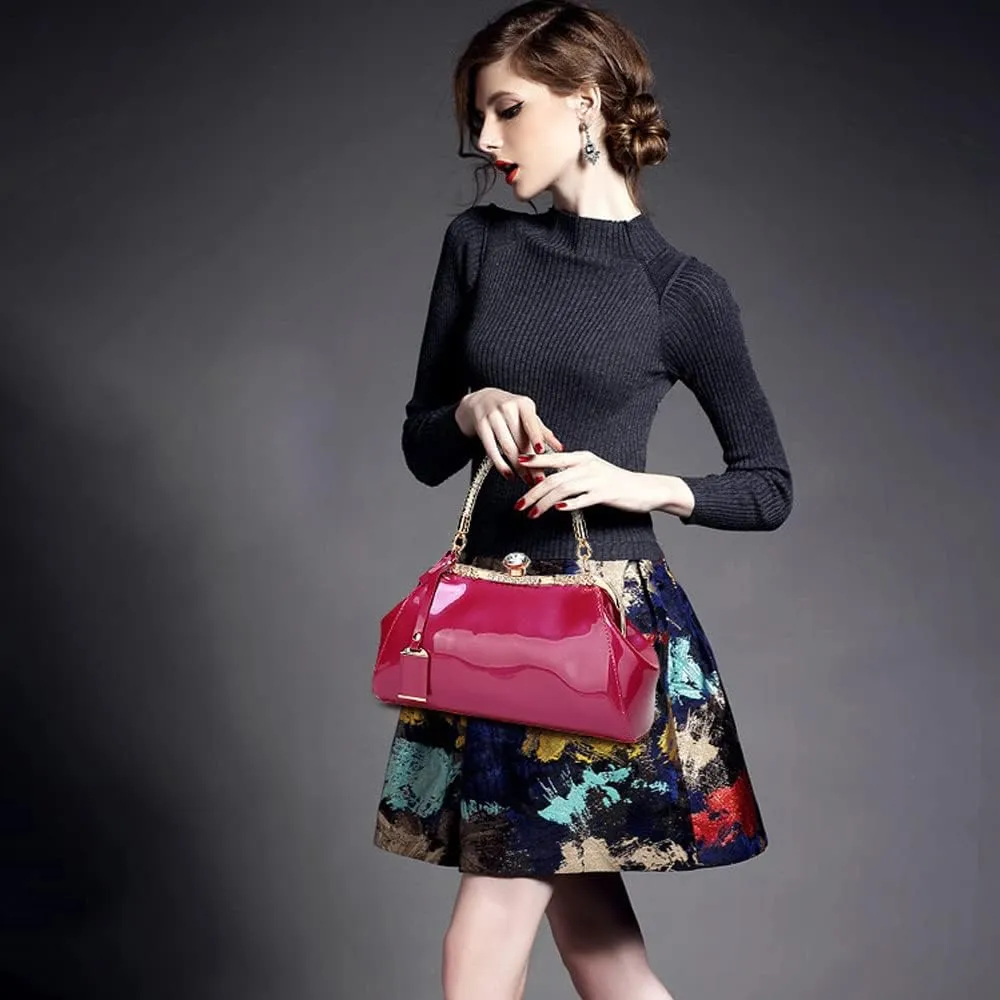 Dayfine Handbags for Women Glossy Patent Leather Top Handle Purse Crystal Buckle Satchel Bag Evening Tote Bags Shoulder Bag