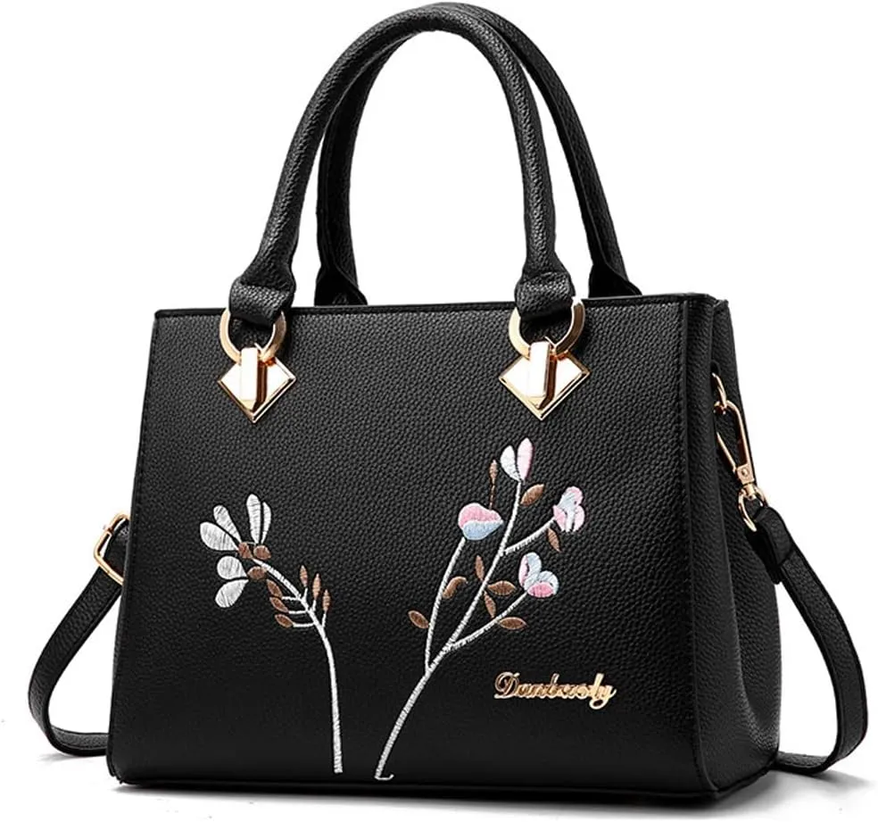 Dayfine Women Top Handle Purse Satchel Bag Faux Leather Handbag Embroidery Floral Bag Shoulder Bag Crossbody Bag Medium Tote