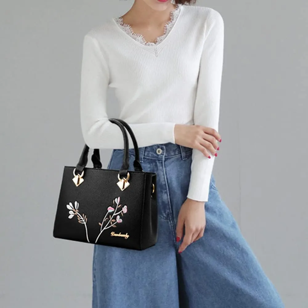 Dayfine Women Top Handle Purse Satchel Bag Faux Leather Handbag Embroidery Floral Bag Shoulder Bag Crossbody Bag Medium Tote
