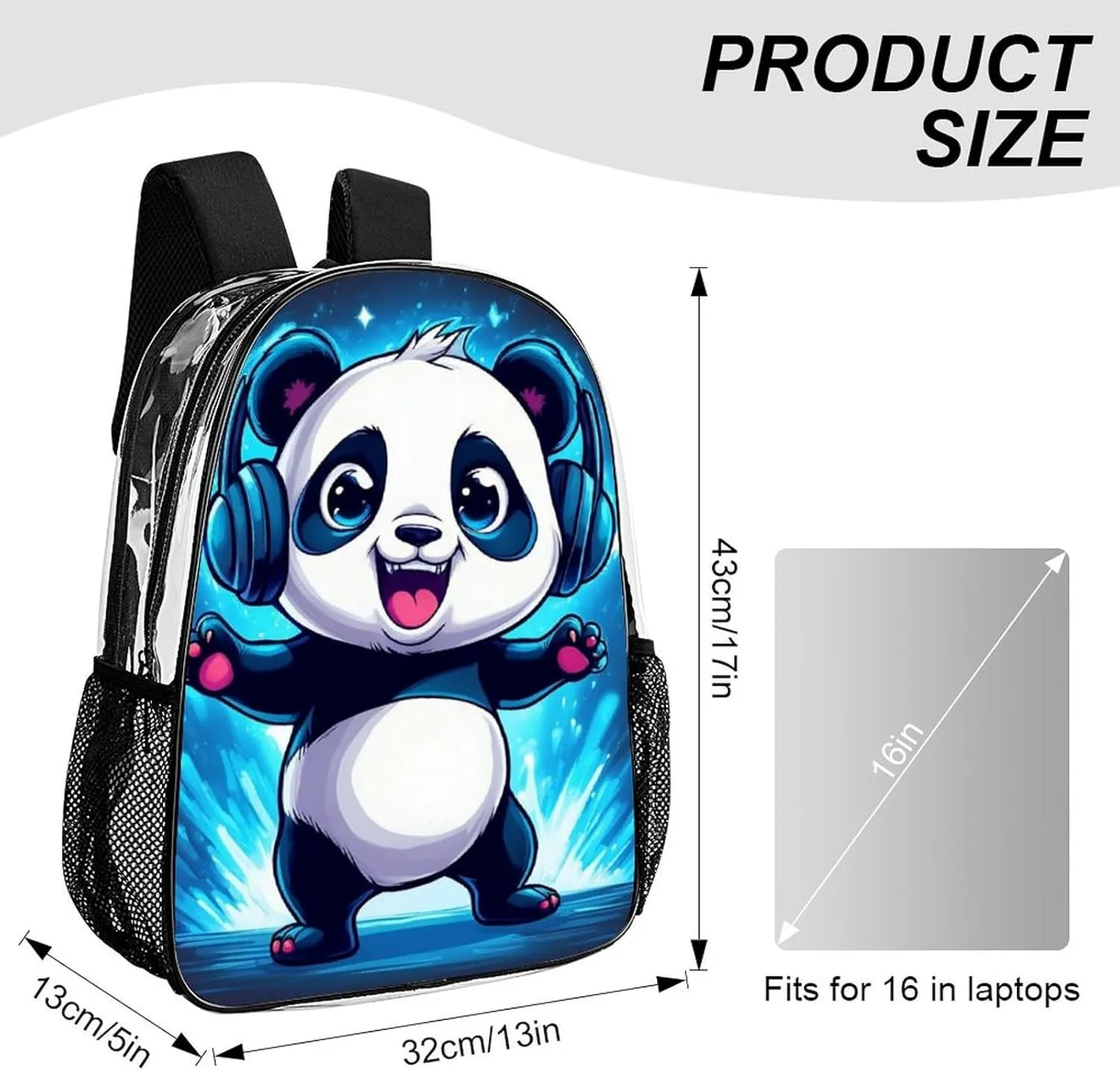Daypack Backpack Anti-Theft Multipurpose Large Capacity Carry On Bag - Black And White Panda Animal Headphones Music Cute Panda Traveling & Camping Backpack Transparent Bag