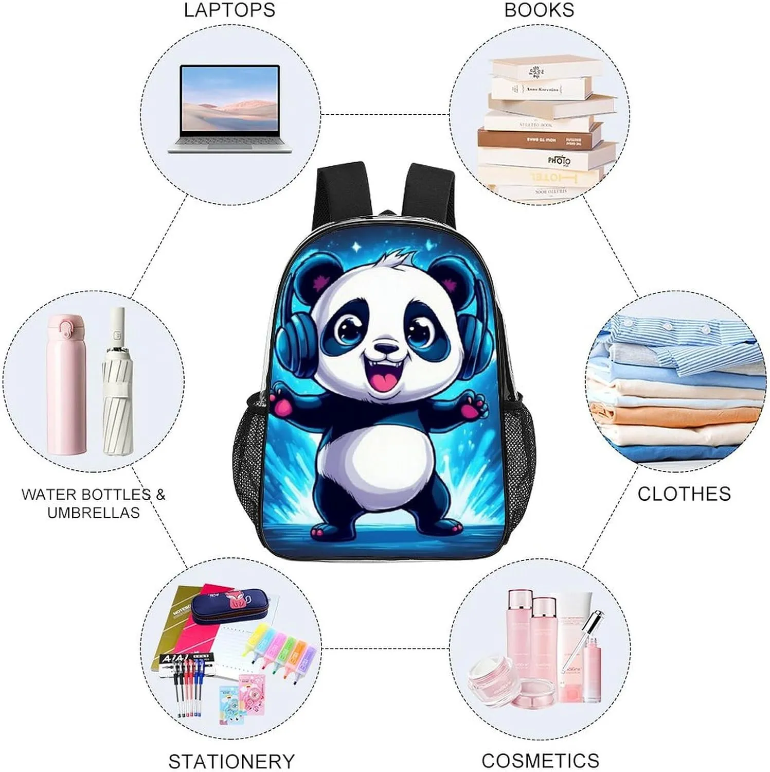 Daypack Backpack Anti-Theft Multipurpose Large Capacity Carry On Bag - Black And White Panda Animal Headphones Music Cute Panda Traveling & Camping Backpack Transparent Bag