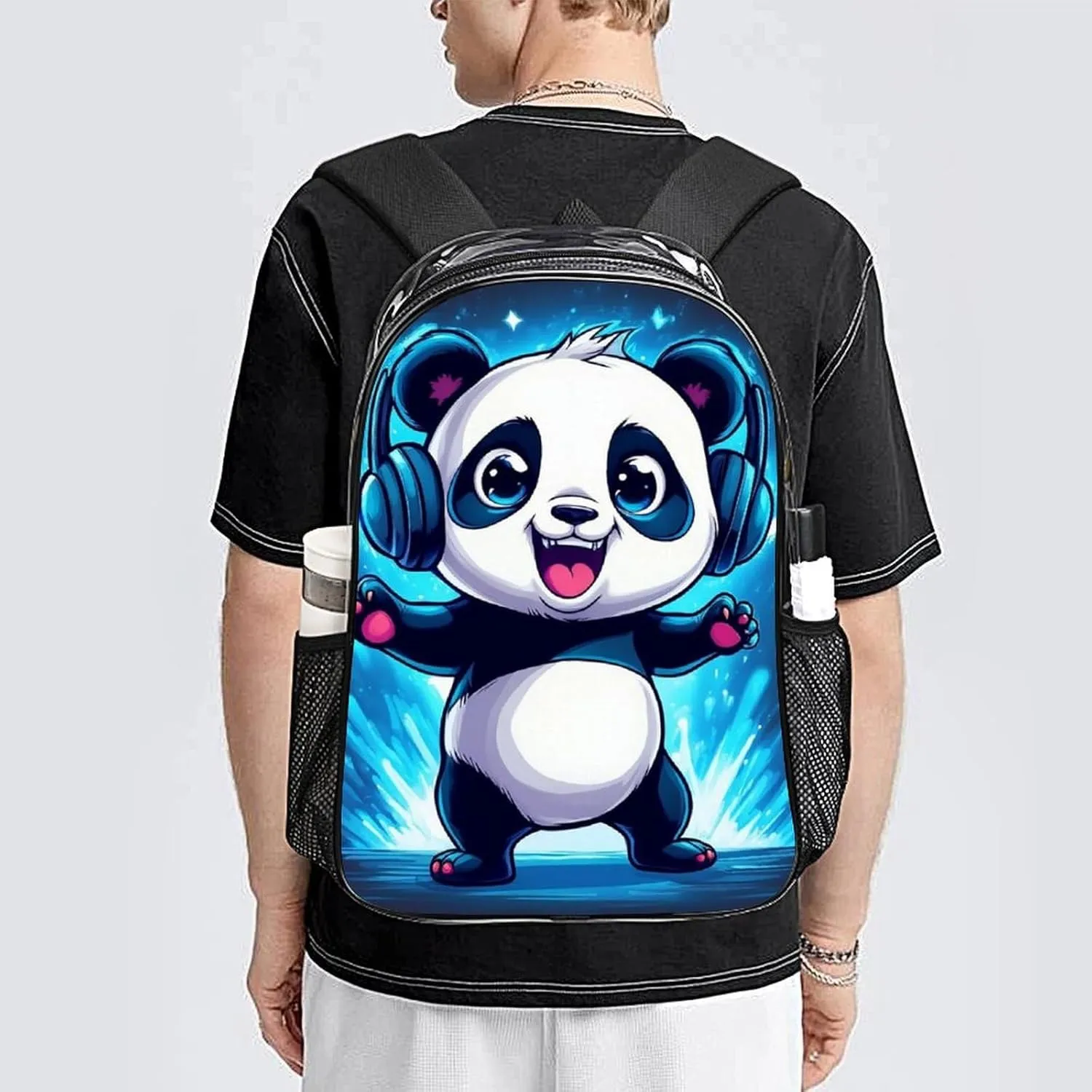 Daypack Backpack Anti-Theft Multipurpose Large Capacity Carry On Bag - Black And White Panda Animal Headphones Music Cute Panda Traveling & Camping Backpack Transparent Bag