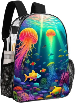 Daypack Backpack Multipurpose Anti-Theft Large Capacity Bookbag - Beautiful Underwater World Fish Jellyfish Art Travel Hiking & Camping Rucksack Transparent Bag