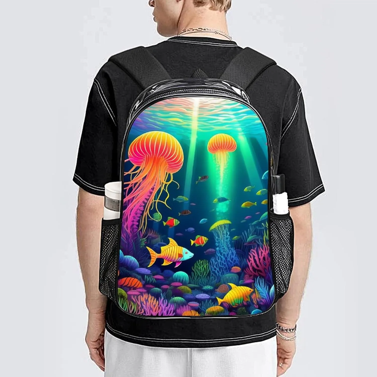 Daypack Backpack Multipurpose Anti-Theft Large Capacity Bookbag - Beautiful Underwater World Fish Jellyfish Art Travel Hiking & Camping Rucksack Transparent Bag