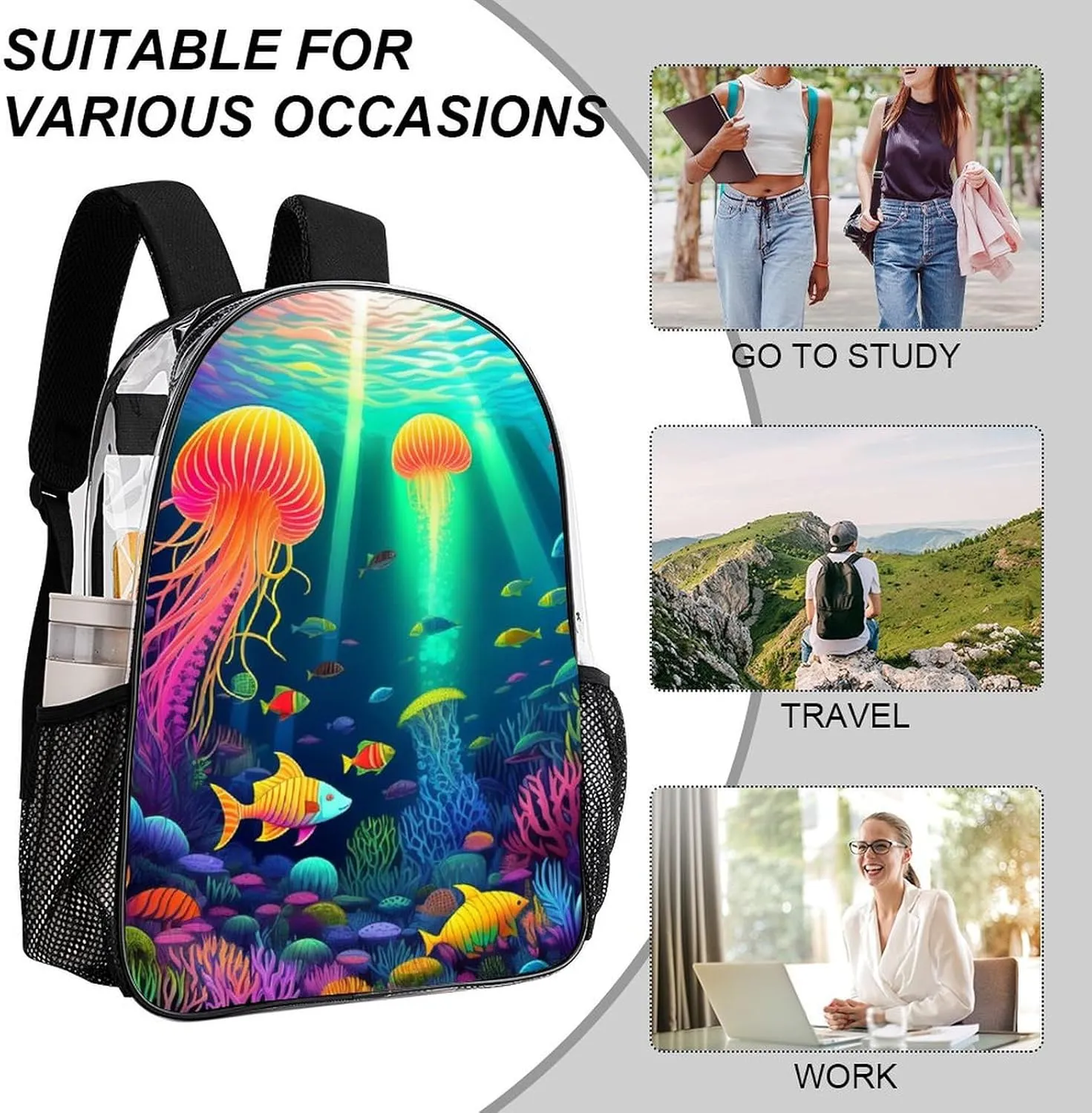 Daypack Backpack Multipurpose Anti-Theft Large Capacity Bookbag - Beautiful Underwater World Fish Jellyfish Art Travel Hiking & Camping Rucksack Transparent Bag