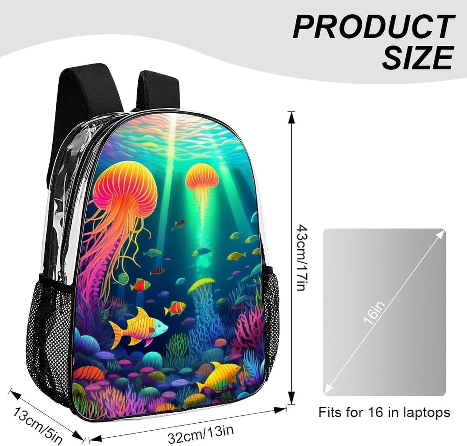 Daypack Backpack Multipurpose Anti-Theft Large Capacity Bookbag - Beautiful Underwater World Fish Jellyfish Art Travel Hiking & Camping Rucksack Transparent Bag