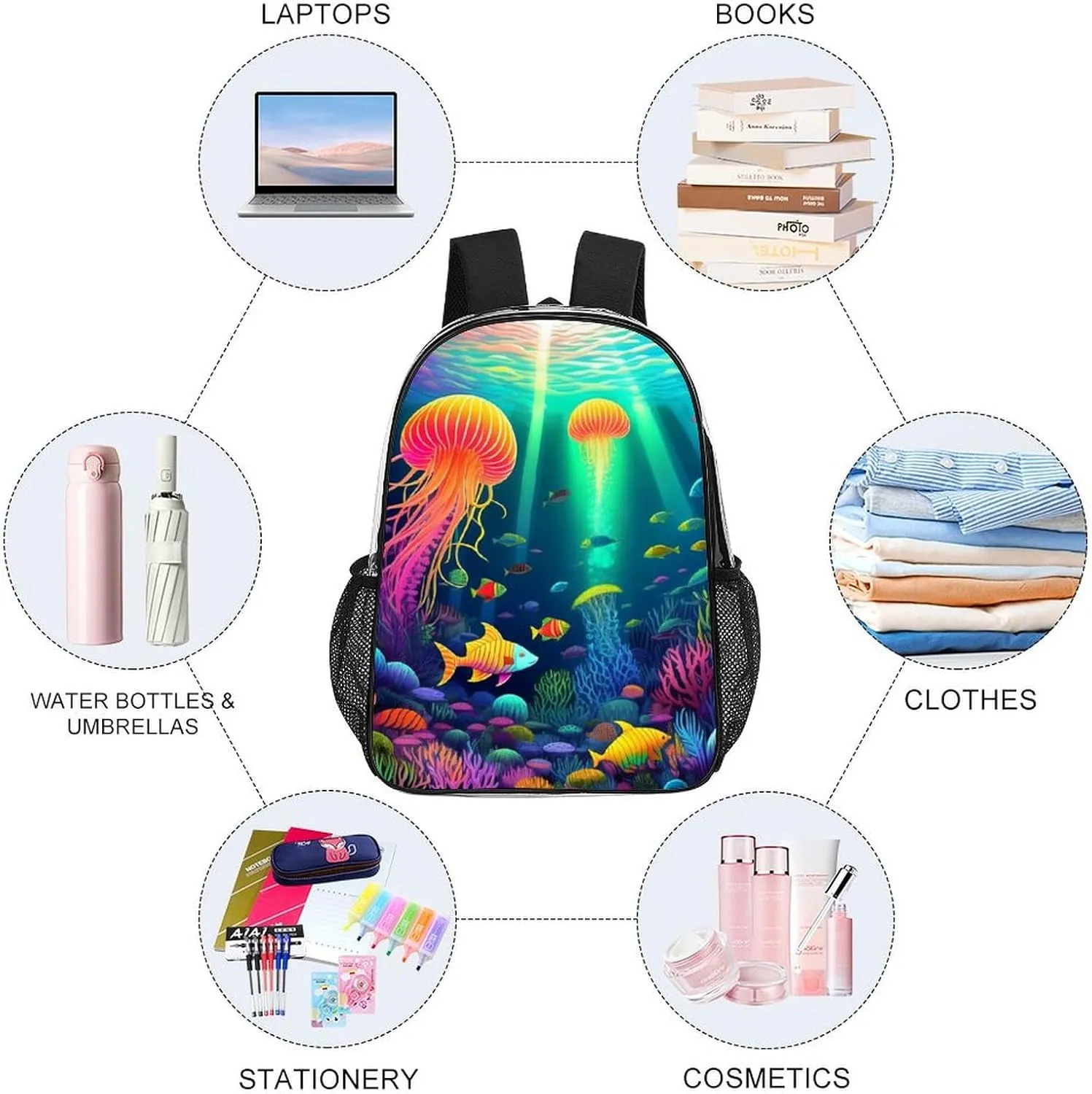 Daypack Backpack Multipurpose Anti-Theft Large Capacity Bookbag - Beautiful Underwater World Fish Jellyfish Art Travel Hiking & Camping Rucksack Transparent Bag