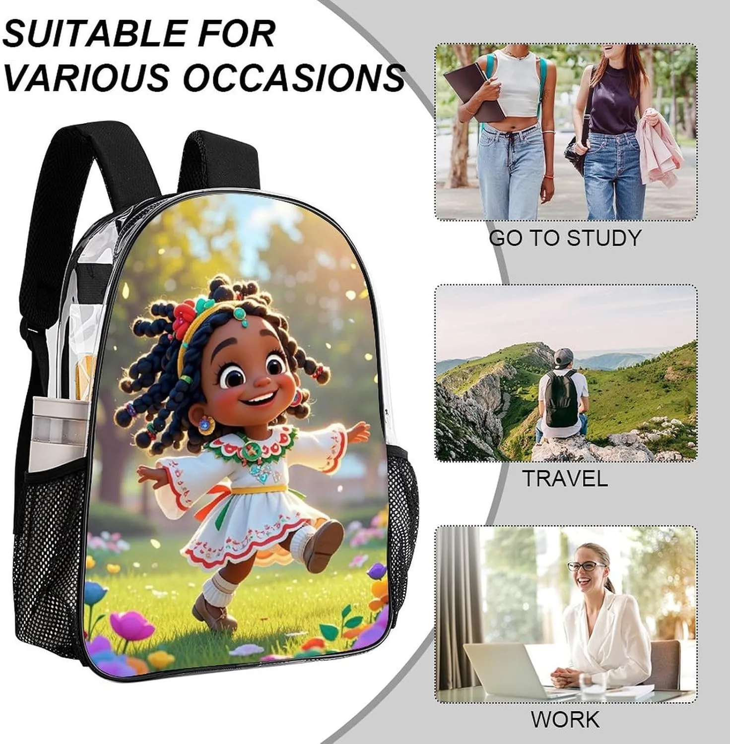 Daypack Backpack Multipurpose Anti-Theft Large Capacity Bookbag - Cartoon Afro American Black Women Art Travel Hiking & Camping Rucksack Transparent Bag