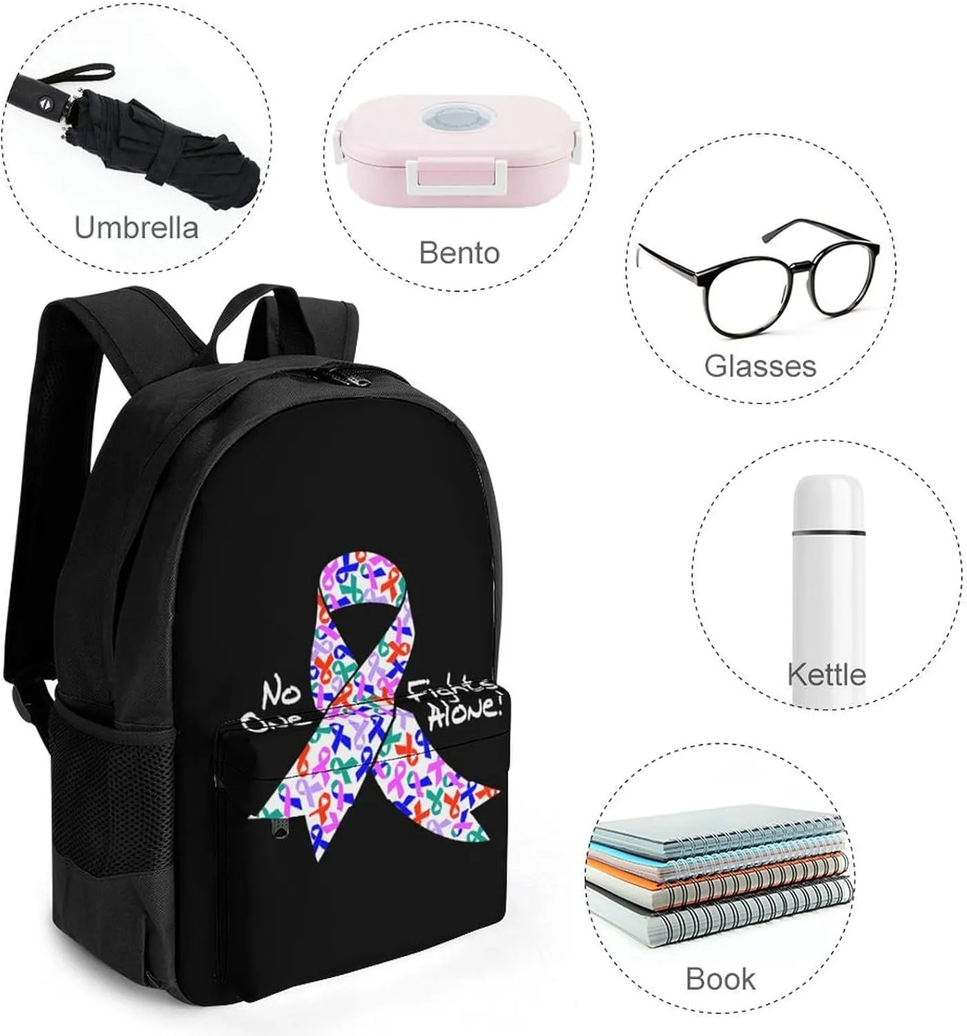 Daypack Backpack Multipurpose Anti-Theft Large Capacity Bookbag - No One Fights Alone! Cancer Ribbon Art Travel Hiking & Camping Rucksack With Adjustable Shoulder Straps