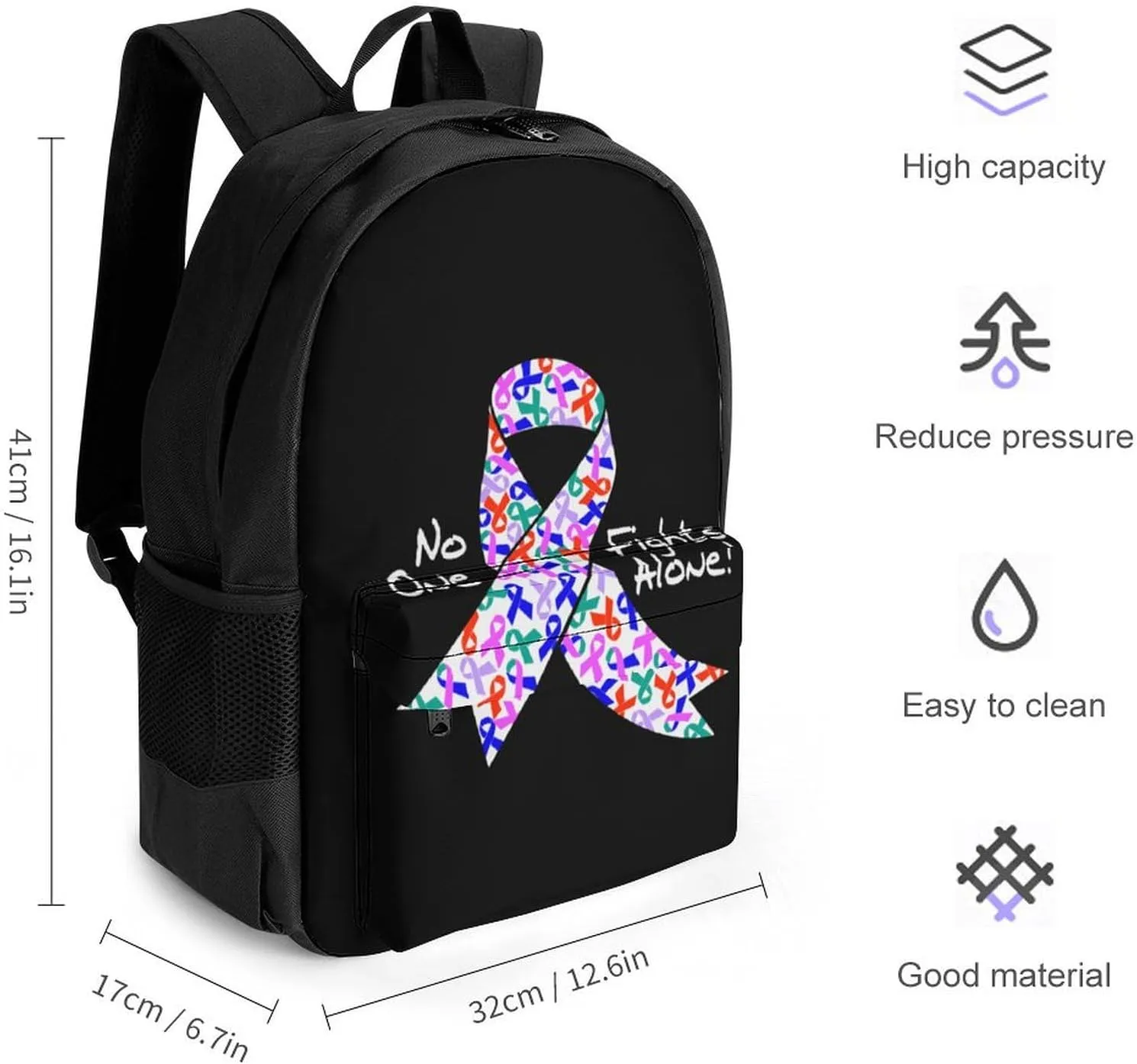 Daypack Backpack Multipurpose Anti-Theft Large Capacity Bookbag - No One Fights Alone! Cancer Ribbon Art Travel Hiking & Camping Rucksack With Adjustable Shoulder Straps