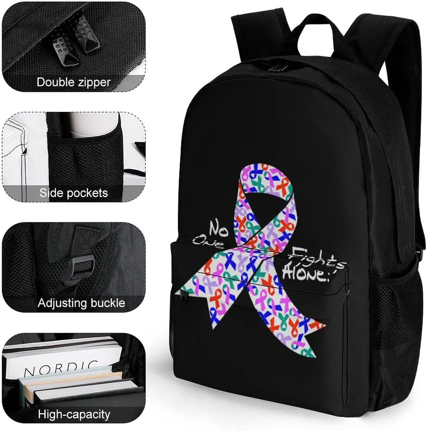 Daypack Backpack Multipurpose Anti-Theft Large Capacity Bookbag - No One Fights Alone! Cancer Ribbon Art Travel Hiking & Camping Rucksack With Adjustable Shoulder Straps
