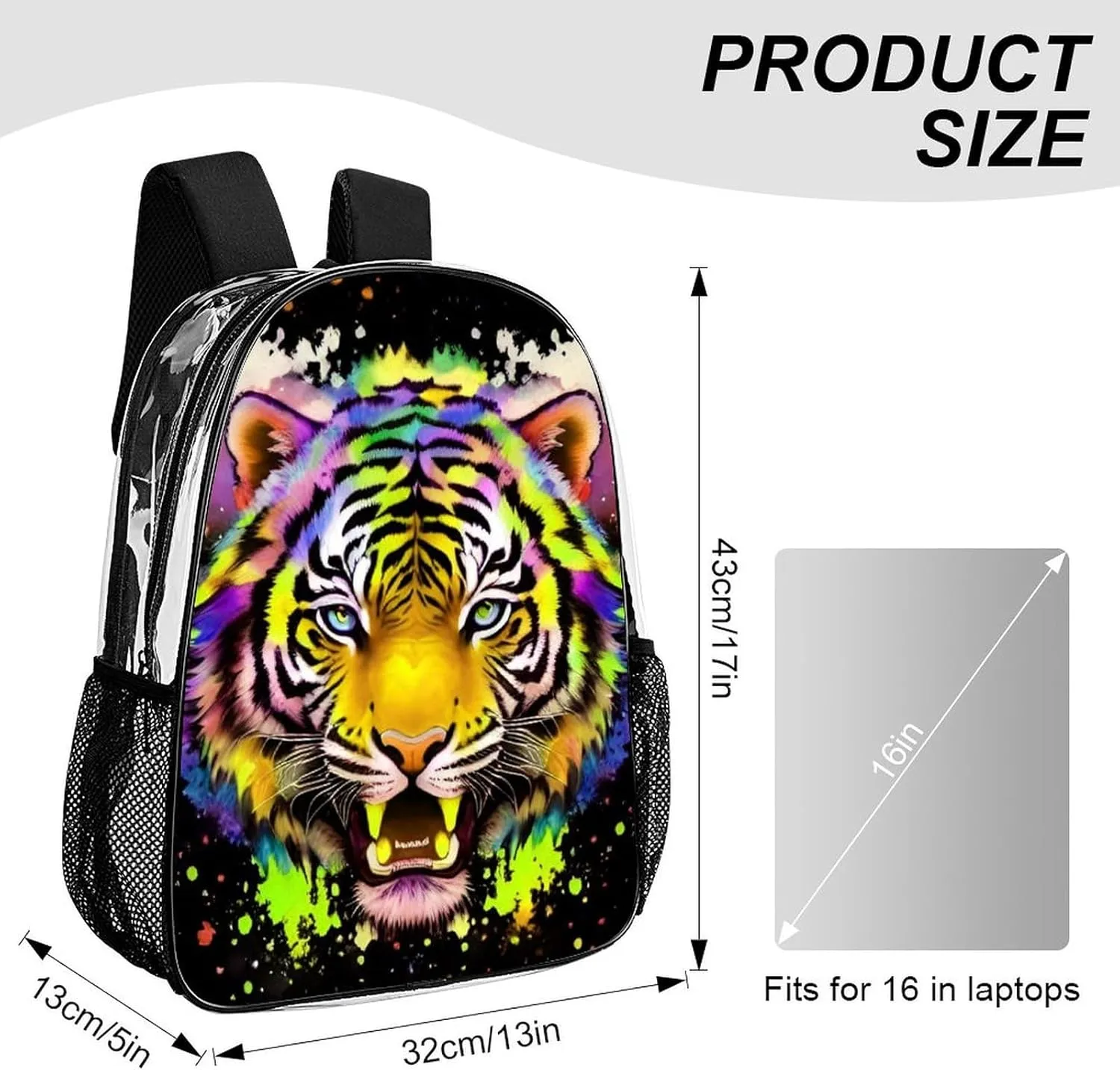 Daypack Bookbag Anti-Theft Multipurpose Large Capacity Bookbag - Colorful Abstract King Of The Tiger Watercolor Art Travel Hiking & Camping Rucksack Transparent Bag