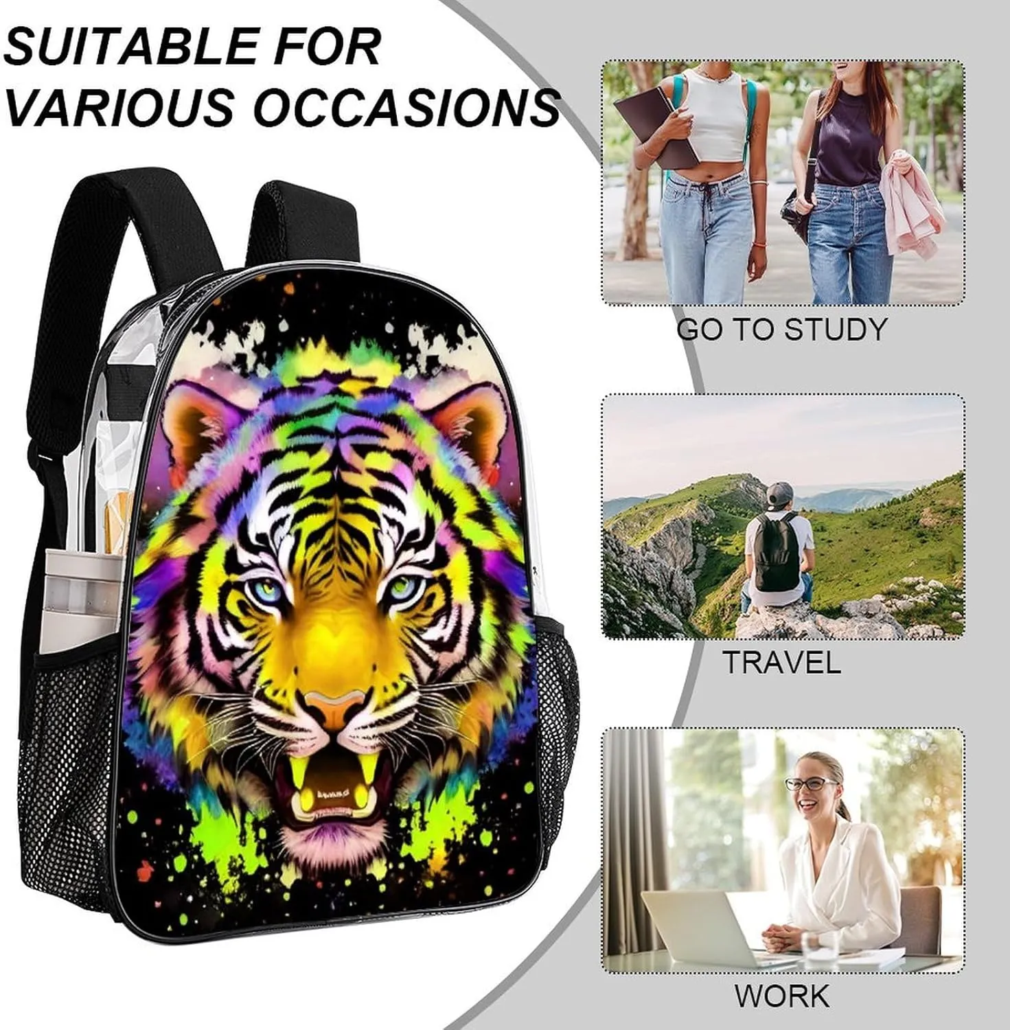 Daypack Bookbag Anti-Theft Multipurpose Large Capacity Bookbag - Colorful Abstract King Of The Tiger Watercolor Art Travel Hiking & Camping Rucksack Transparent Bag