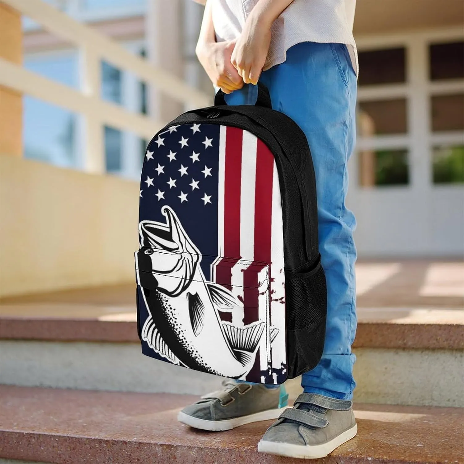 Daypack Bookbag Multipurpose Anti-Theft Big Capacity Carry On Bag - American Bass Fishing Lure Flag Travel Hiking & Camping Rucksack With Padded Straps