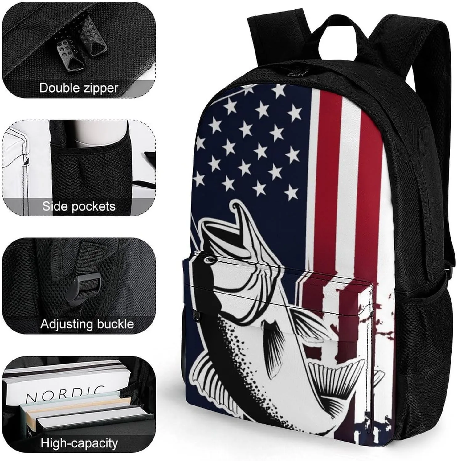 Daypack Bookbag Multipurpose Anti-Theft Big Capacity Carry On Bag - American Bass Fishing Lure Flag Travel Hiking & Camping Rucksack With Padded Straps