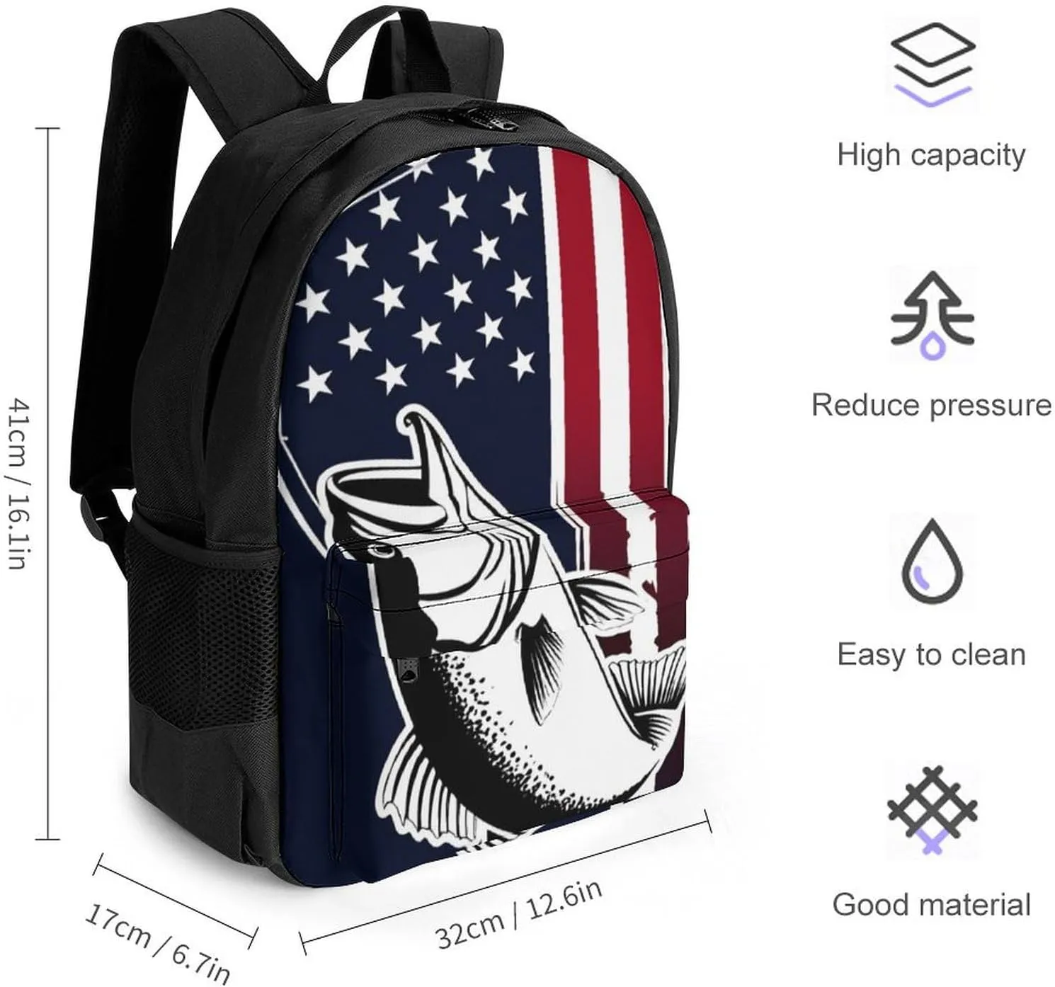 Daypack Bookbag Multipurpose Anti-Theft Big Capacity Carry On Bag - American Bass Fishing Lure Flag Travel Hiking & Camping Rucksack With Padded Straps