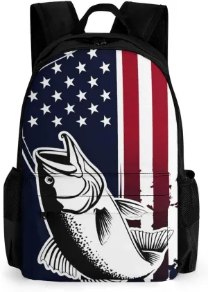 Daypack Bookbag Multipurpose Anti-Theft Big Capacity Carry On Bag - American Bass Fishing Lure Flag Travel Hiking & Camping Rucksack With Padded Straps
