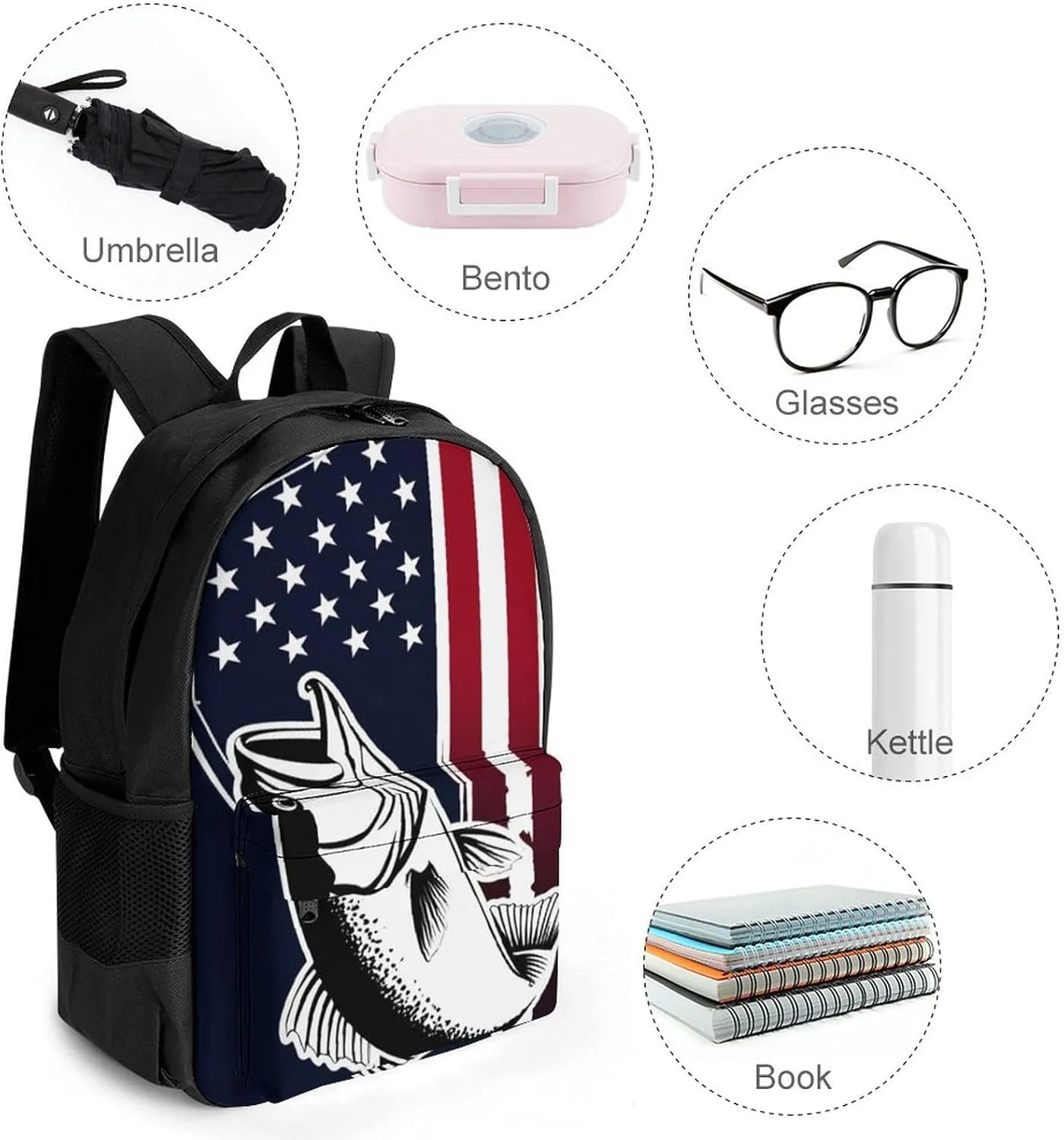 Daypack Bookbag Multipurpose Anti-Theft Big Capacity Carry On Bag - American Bass Fishing Lure Flag Travel Hiking & Camping Rucksack With Padded Straps