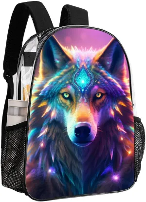 Daypack Bookbag Multipurpose Anti-Theft Big Capacity Carry On Bag - Colorful Space Wolf Art Travel Hiking & Camping Rucksack Transparent Bag
