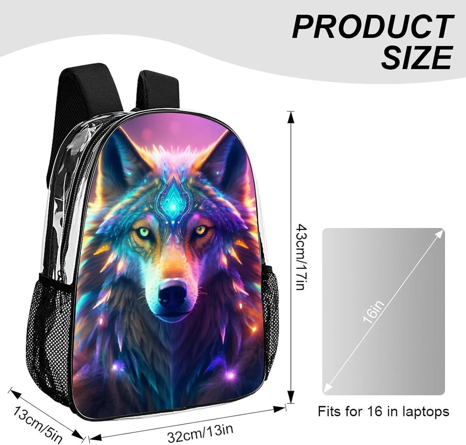 Daypack Bookbag Multipurpose Anti-Theft Big Capacity Carry On Bag - Colorful Space Wolf Art Travel Hiking & Camping Rucksack Transparent Bag