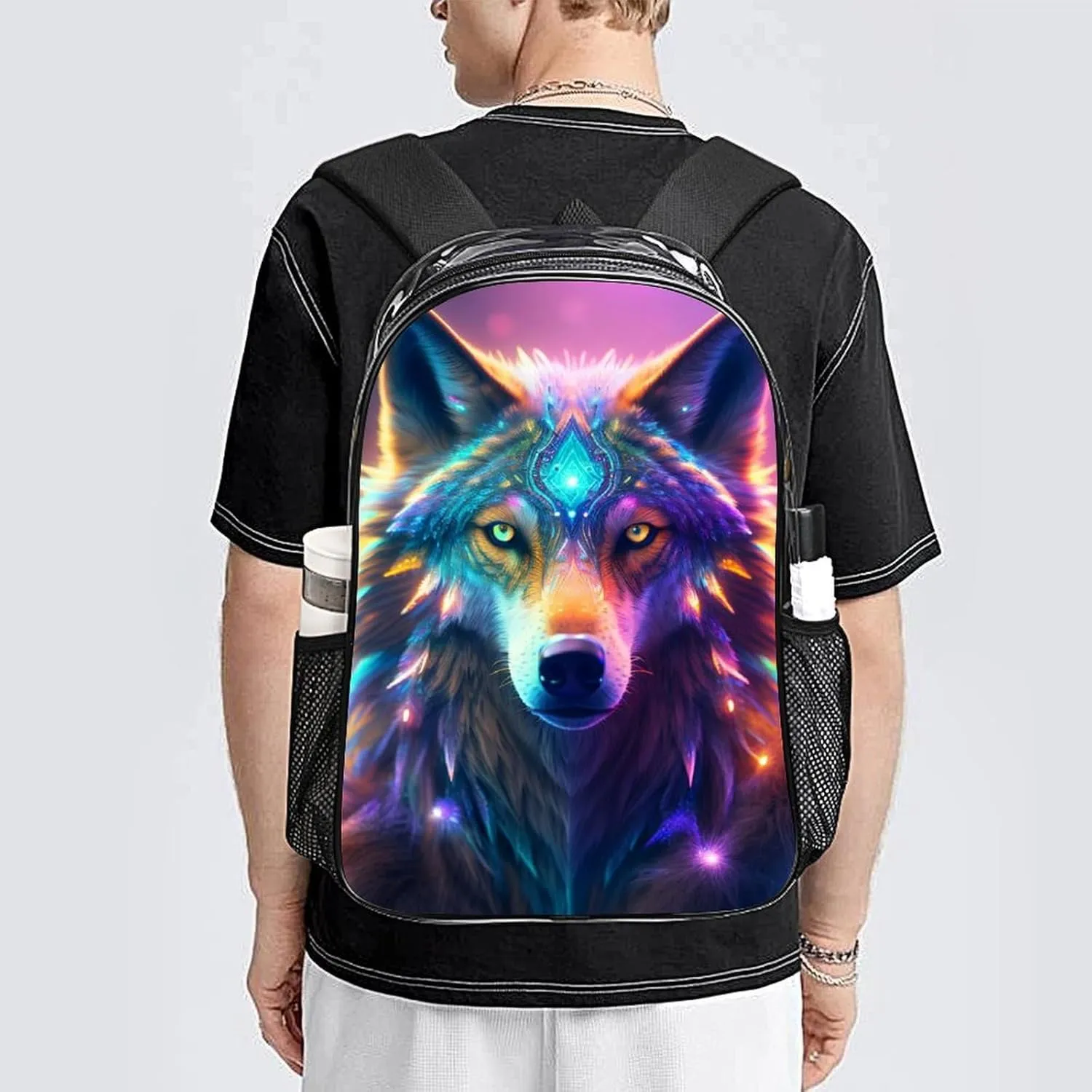 Daypack Bookbag Multipurpose Anti-Theft Big Capacity Carry On Bag - Colorful Space Wolf Art Travel Hiking & Camping Rucksack Transparent Bag