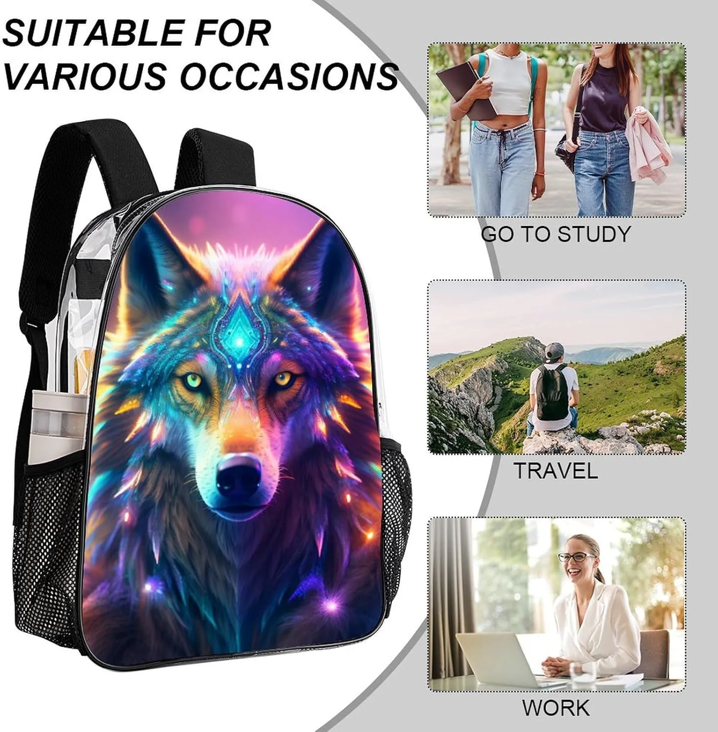 Daypack Bookbag Multipurpose Anti-Theft Big Capacity Carry On Bag - Colorful Space Wolf Art Travel Hiking & Camping Rucksack Transparent Bag