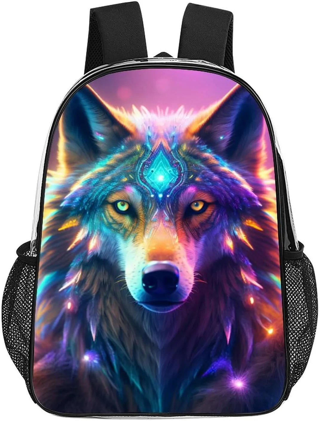 Daypack Bookbag Multipurpose Anti-Theft Big Capacity Carry On Bag - Colorful Space Wolf Art Travel Hiking & Camping Rucksack Transparent Bag