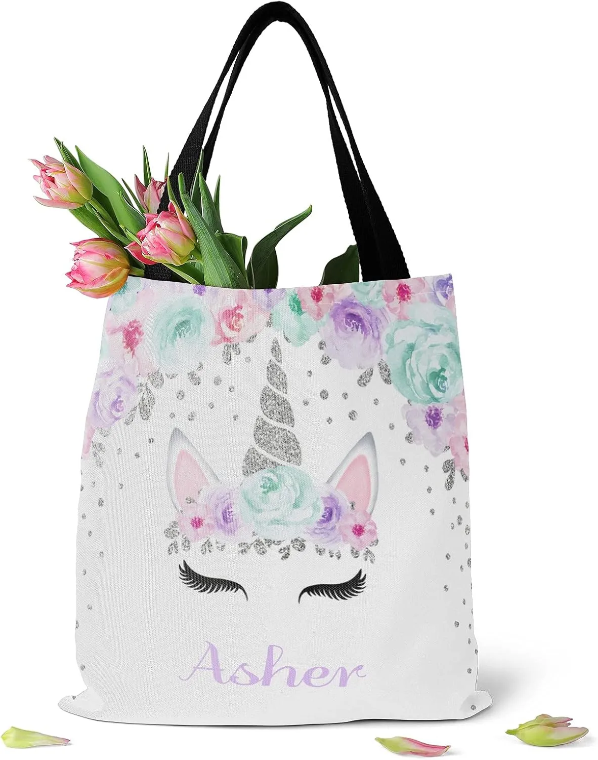 Deer Floral Pink Personalized Canvas Tote Bags for Women Kids, Reusable Bags for Shopping,Travel,School Handbag Gift