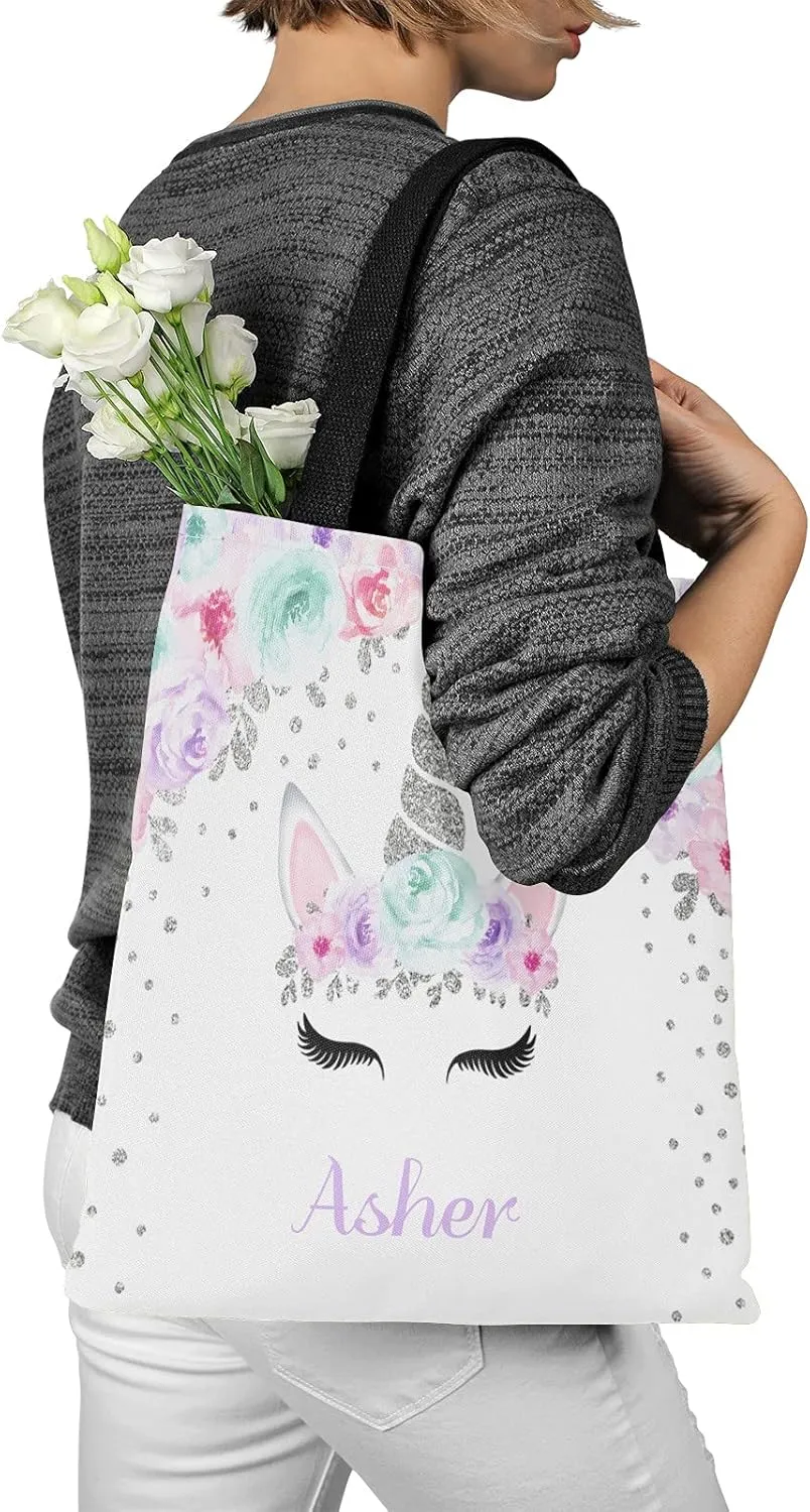 Deer Floral Pink Personalized Canvas Tote Bags for Women Kids, Reusable Bags for Shopping,Travel,School Handbag Gift