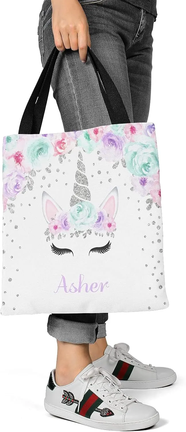 Deer Floral Pink Personalized Canvas Tote Bags for Women Kids, Reusable Bags for Shopping,Travel,School Handbag Gift