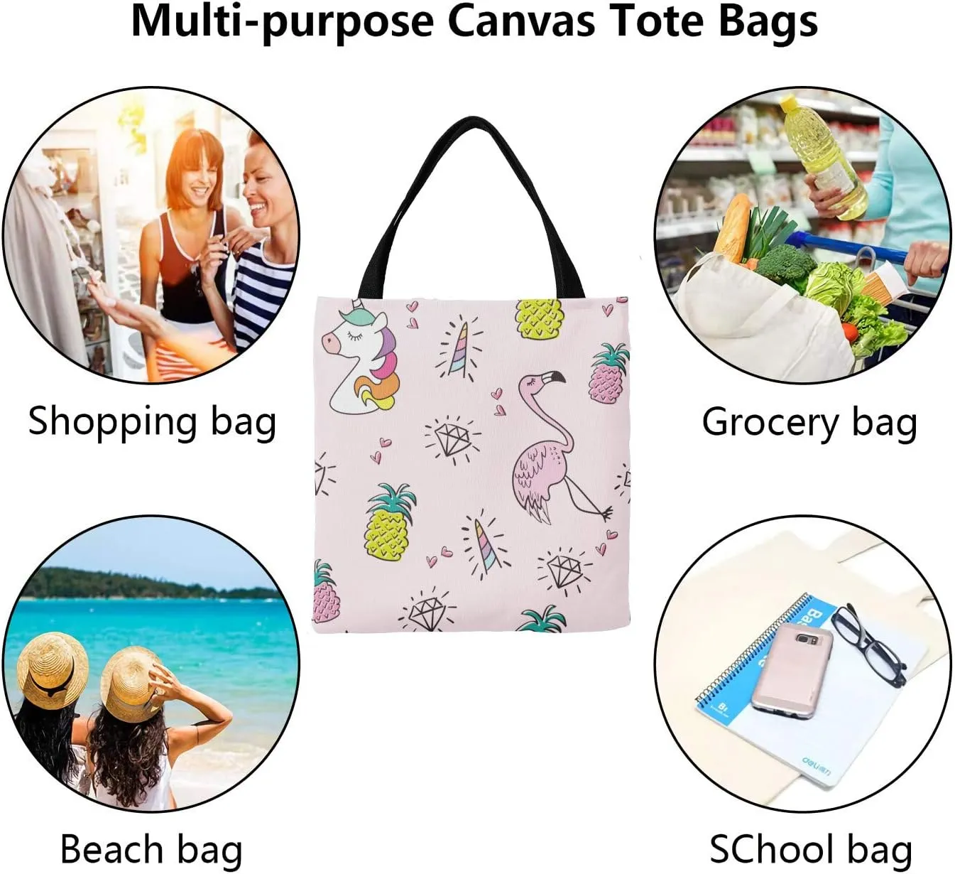 Deer Floral Pink Personalized Canvas Tote Bags for Women Kids, Reusable Bags for Shopping,Travel,School Handbag Gift