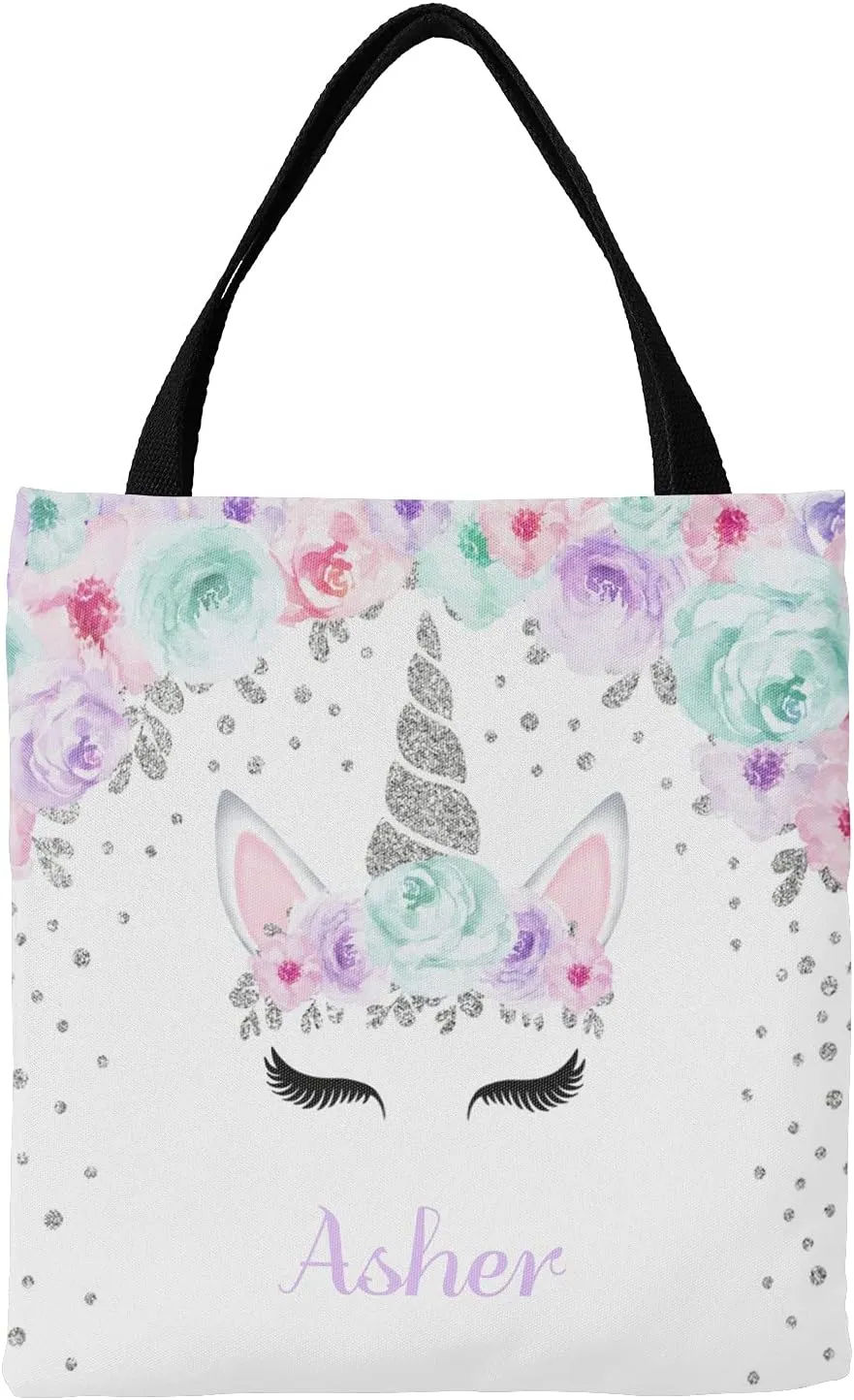 Deer Floral Pink Personalized Canvas Tote Bags for Women Kids, Reusable Bags for Shopping,Travel,School Handbag Gift