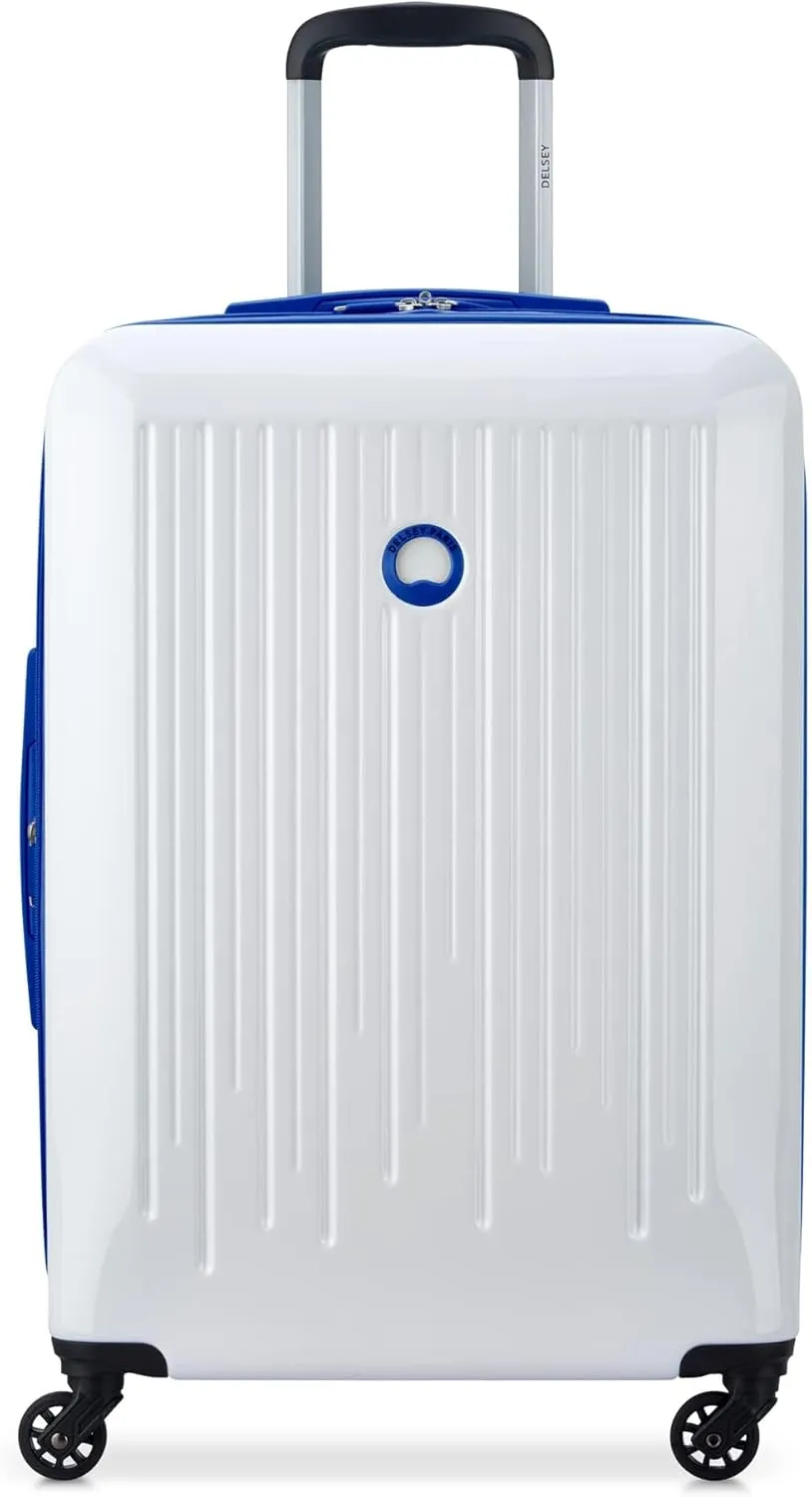 DELSEY PARIS Christine Expandable Luggage, Fashionable and Unique, Glossy Exterior with 360 Spinner Wheels, Lockable Telescoping Handle, Men and Women, White with Blue Trim, Medium Check-In 24-Inch