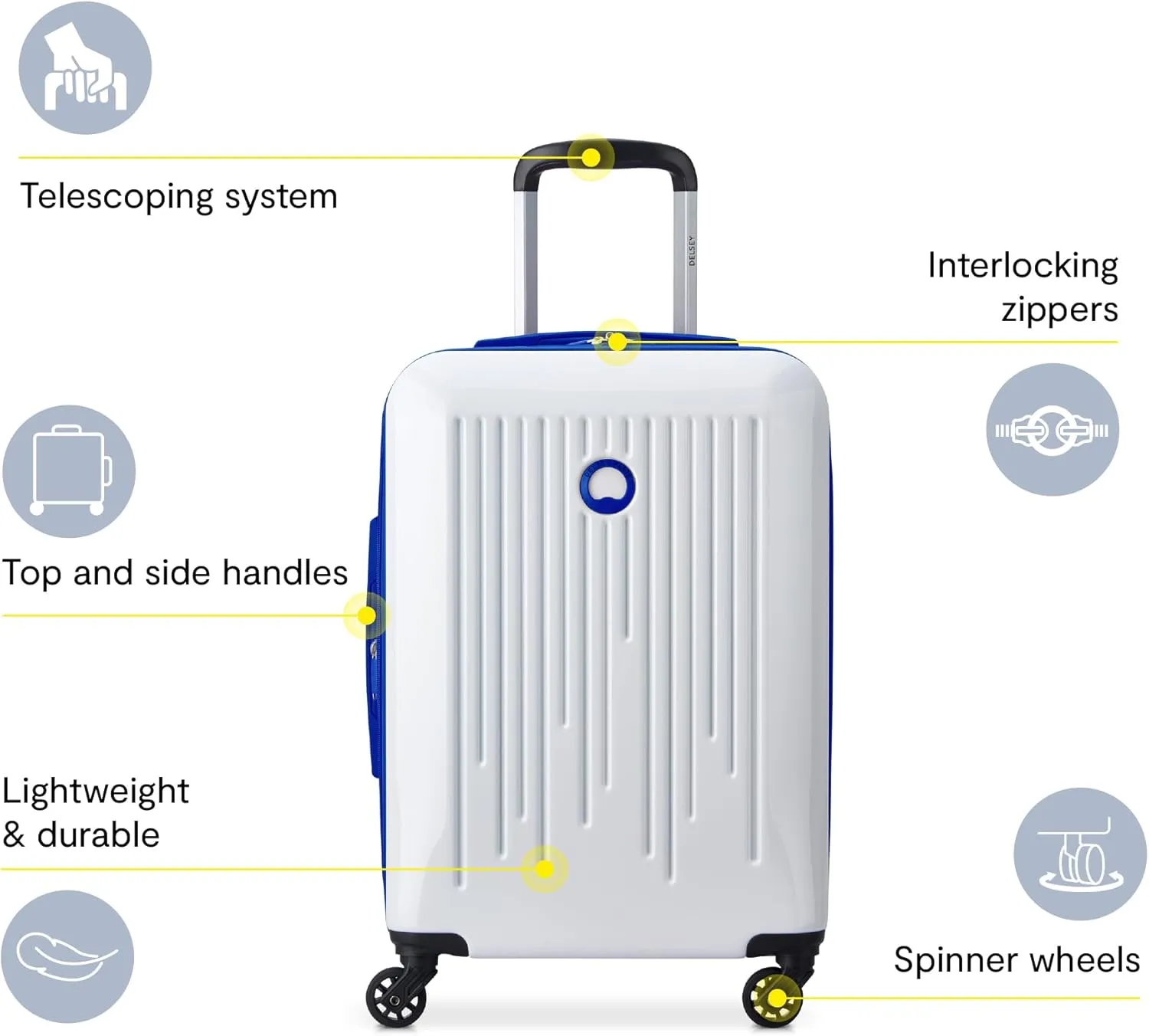 DELSEY PARIS Christine Expandable Luggage, Fashionable and Unique, Glossy Exterior with 360 Spinner Wheels, Lockable Telescoping Handle, Men and Women, White with Blue Trim, Medium Check-In 24-Inch