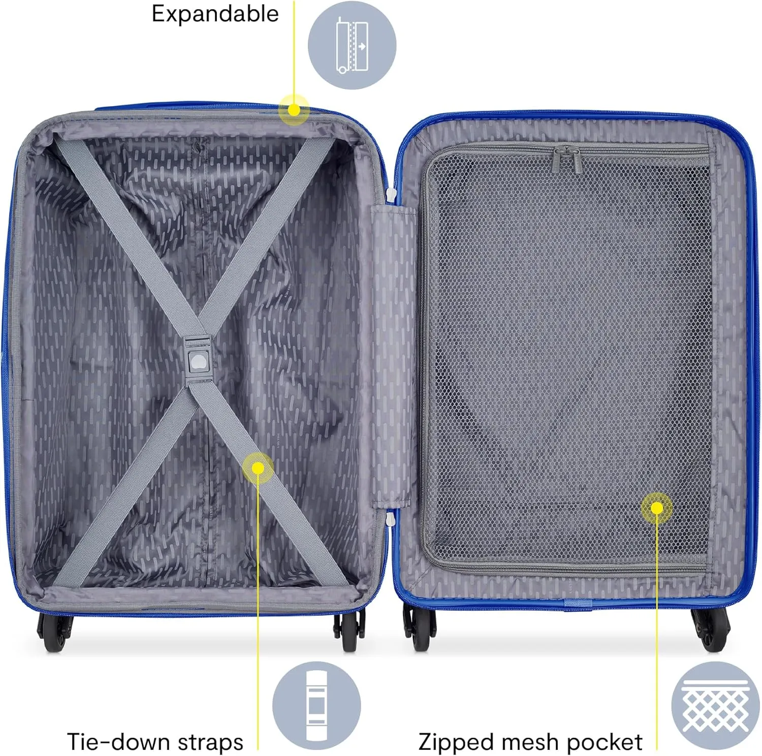 DELSEY PARIS Christine Expandable Luggage, Fashionable and Unique, Glossy Exterior with 360 Spinner Wheels, Lockable Telescoping Handle, Men and Women, White with Blue Trim, Medium Check-In 24-Inch