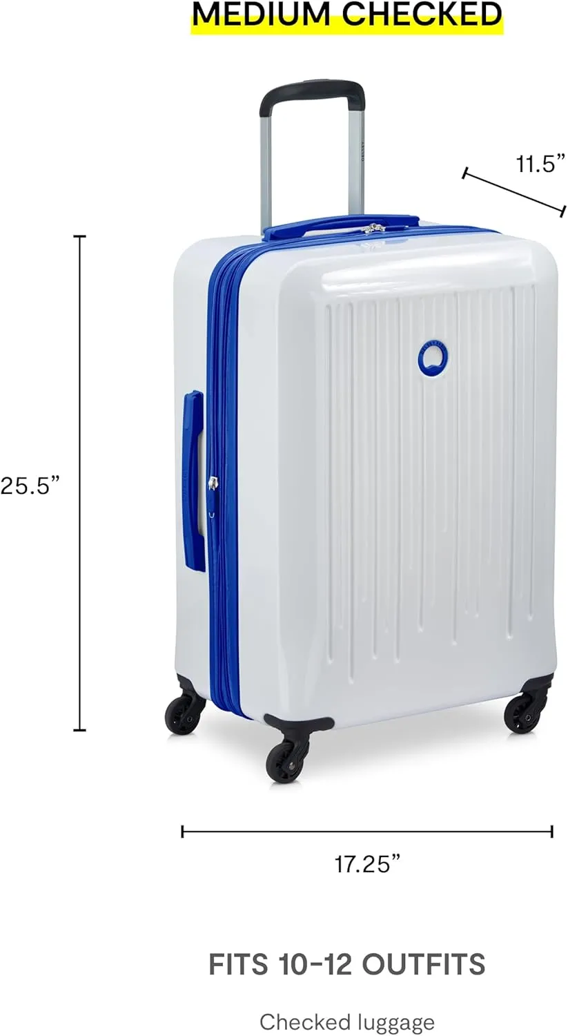 DELSEY PARIS Christine Expandable Luggage, Fashionable and Unique, Glossy Exterior with 360 Spinner Wheels, Lockable Telescoping Handle, Men and Women, White with Blue Trim, Medium Check-In 24-Inch
