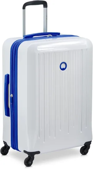 DELSEY PARIS Christine Expandable Luggage, Fashionable and Unique, Glossy Exterior with 360 Spinner Wheels, Lockable Telescoping Handle, Men and Women, White with Blue Trim, Medium Check-In 24-Inch