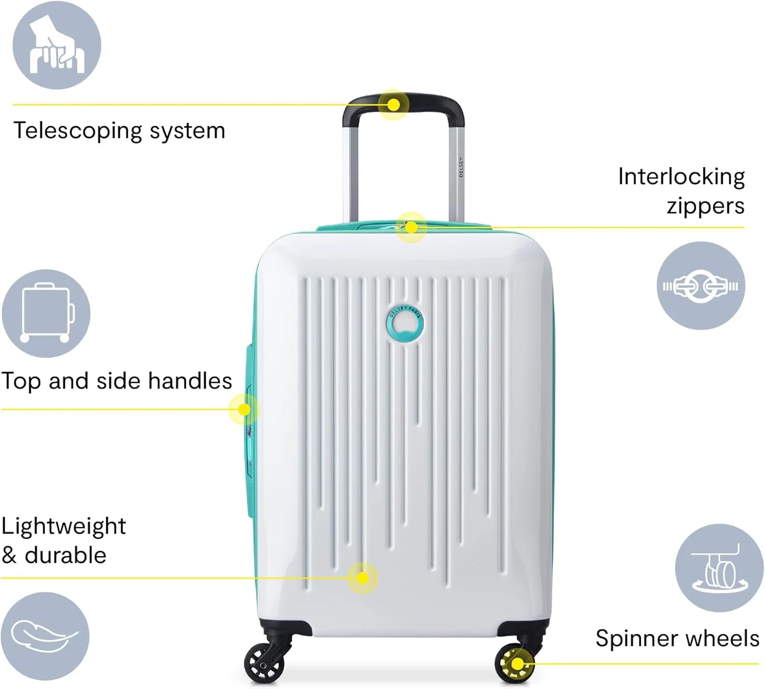 DELSEY PARIS Christine Expandable Luggage, fashionable and Unique, Glossy Exterior with 360 Spinner Wheels, Lockable Telescoping Handle, Men and Women, White with Teal Trim, Large Check-In 28-Inch