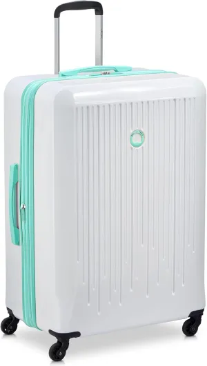 DELSEY PARIS Christine Expandable Luggage, fashionable and Unique, Glossy Exterior with 360 Spinner Wheels, Lockable Telescoping Handle, Men and Women, White with Teal Trim, Large Check-In 28-Inch