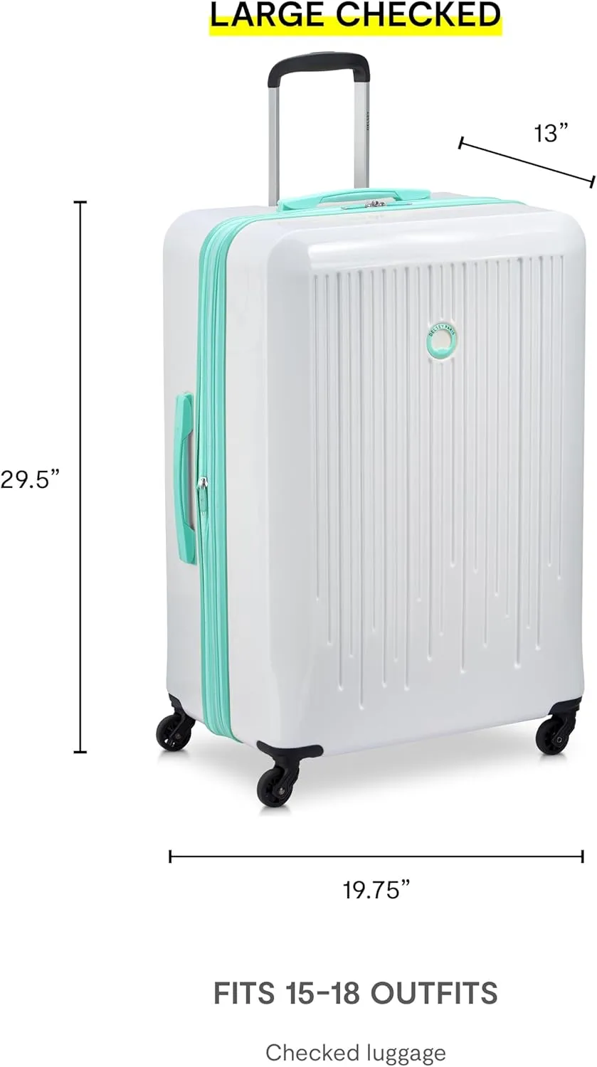 DELSEY PARIS Christine Expandable Luggage, fashionable and Unique, Glossy Exterior with 360 Spinner Wheels, Lockable Telescoping Handle, Men and Women, White with Teal Trim, Large Check-In 28-Inch