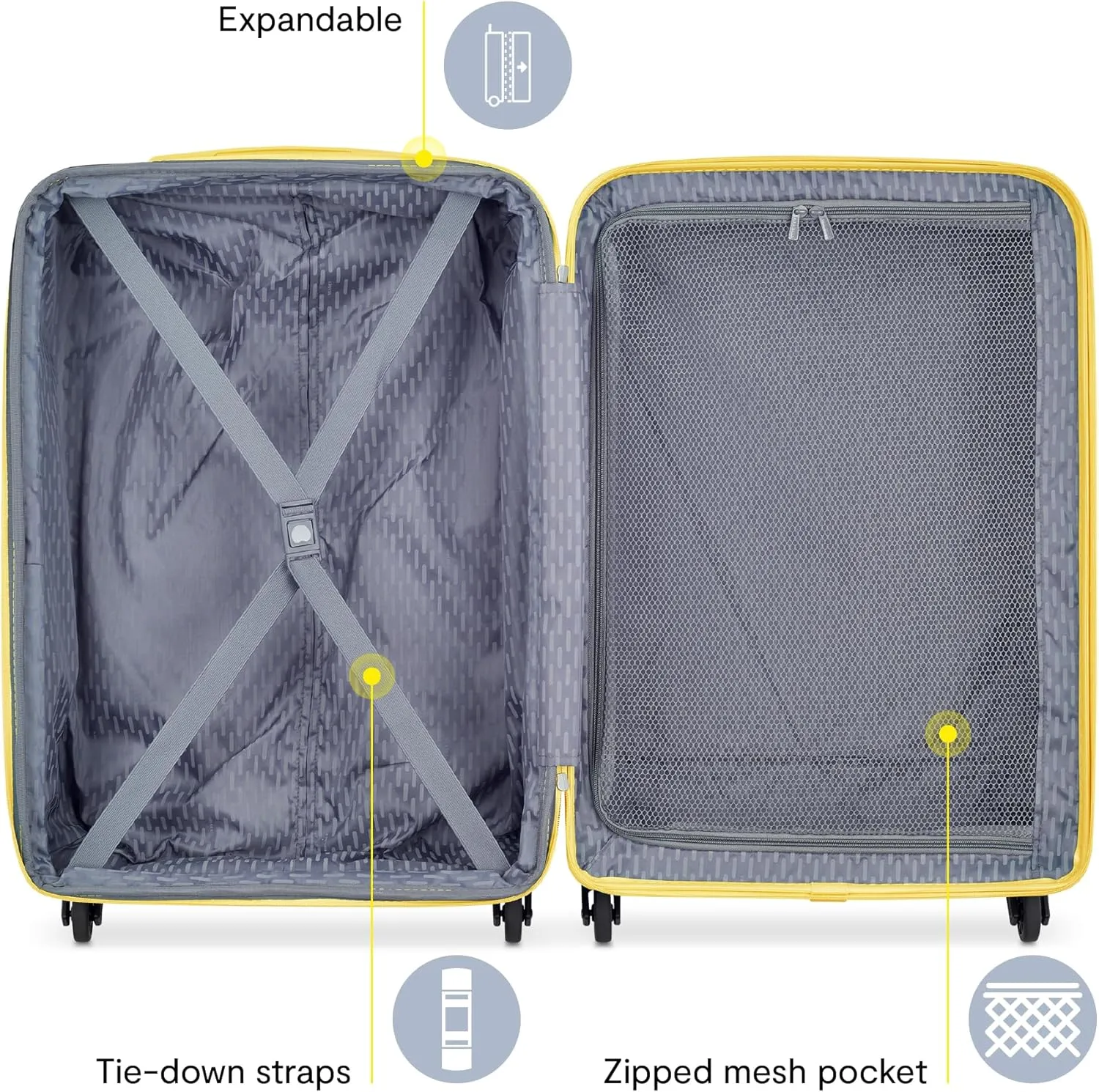 DELSEY PARIS Christine Expandable Luggage, fashionable and Unique, Glossy Exterior with 360 Spinner Wheels, Lockable Telescoping Handle, Men and Women, White with Yellow Trim, Large Check-In 28-Inch