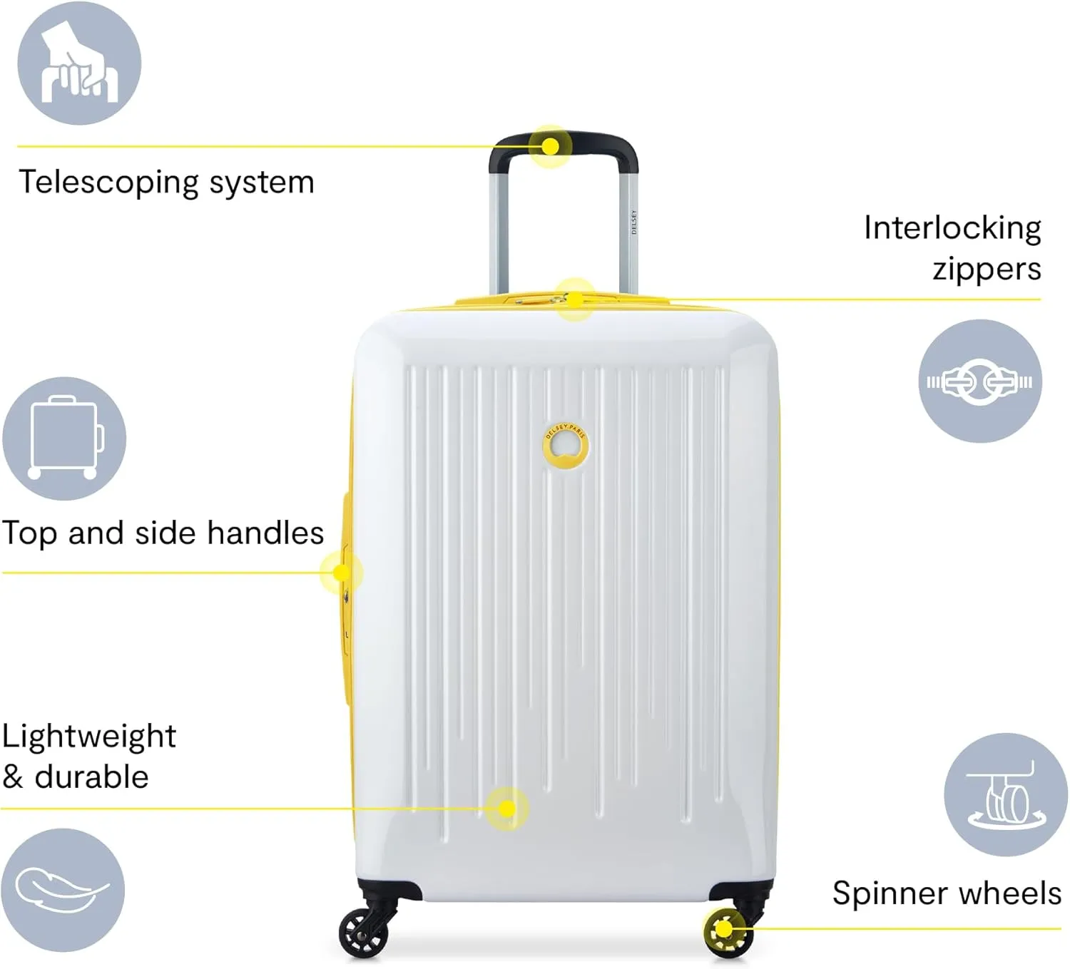 DELSEY PARIS Christine Expandable Luggage, fashionable and Unique, Glossy Exterior with 360 Spinner Wheels, Lockable Telescoping Handle, Men and Women, White with Yellow Trim, Large Check-In 28-Inch