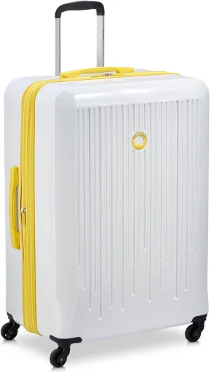 DELSEY PARIS Christine Expandable Luggage, fashionable and Unique, Glossy Exterior with 360 Spinner Wheels, Lockable Telescoping Handle, Men and Women, White with Yellow Trim, Large Check-In 28-Inch