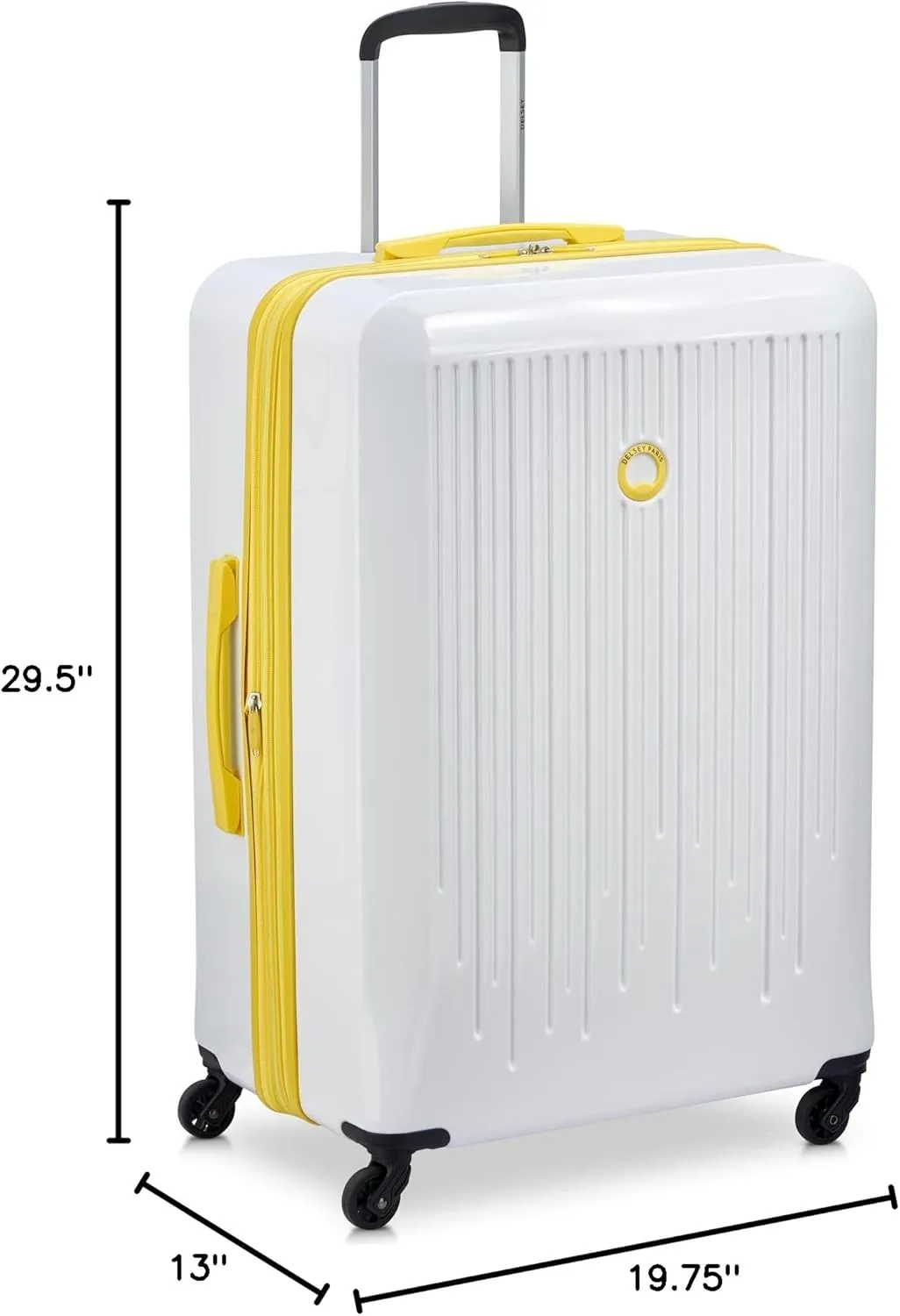 DELSEY PARIS Christine Expandable Luggage, fashionable and Unique, Glossy Exterior with 360 Spinner Wheels, Lockable Telescoping Handle, Men and Women, White with Yellow Trim, Large Check-In 28-Inch
