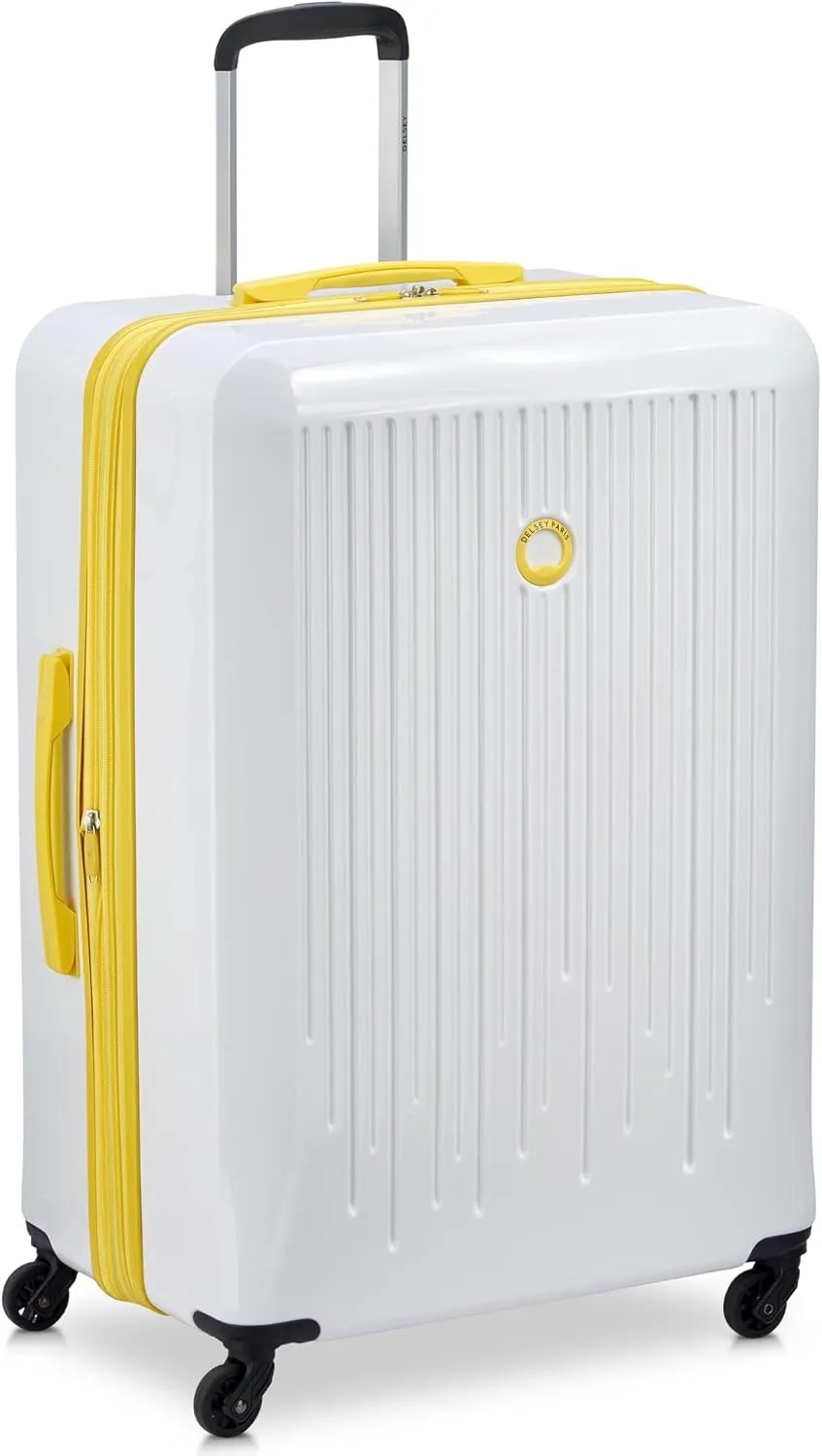 DELSEY PARIS Christine Expandable Luggage, fashionable and Unique, Glossy Exterior with 360 Spinner Wheels, Lockable Telescoping Handle, Men and Women, White with Yellow Trim, Large Check-In 28-Inch