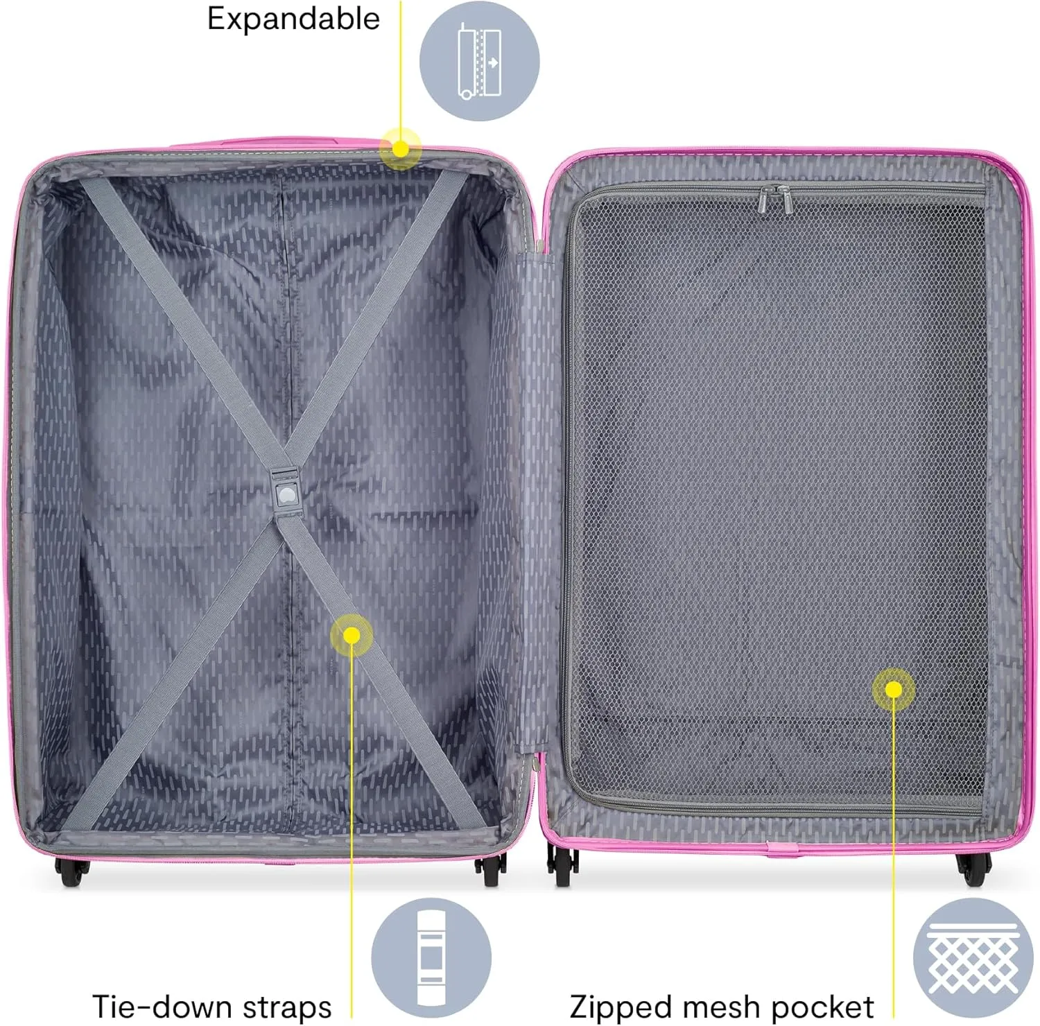 DELSEY PARIS Christine Expandable Luggage, Stylish and Unique, Glossy Exterior with 360 Spinner Wheels, Lockable Telescoping Handle, Men and Women, White with Mauve Trim, Medium Check-In 24-Inch