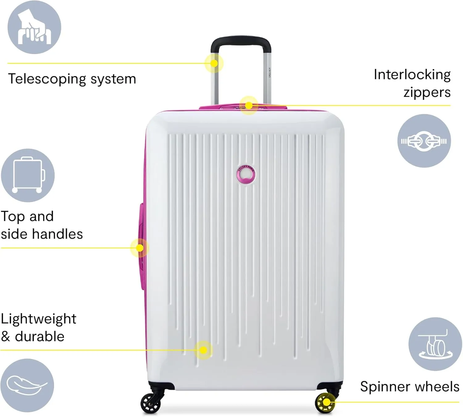 DELSEY PARIS Christine Expandable Luggage, Stylish and Unique, Glossy Exterior with 360 Spinner Wheels, Lockable Telescoping Handle, Men and Women, White with Mauve Trim, Medium Check-In 24-Inch