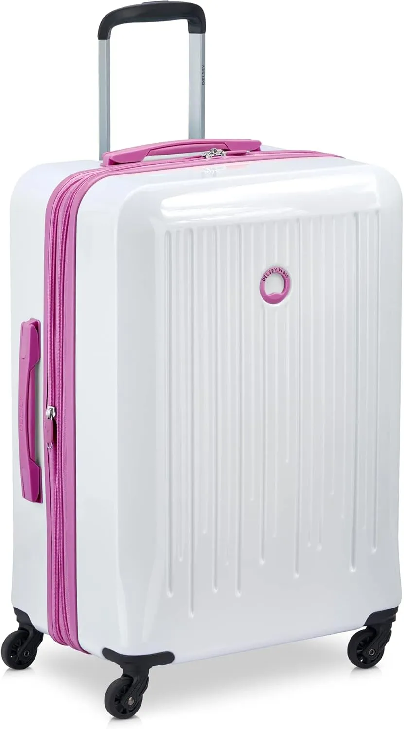 DELSEY PARIS Christine Expandable Luggage, Stylish and Unique, Glossy Exterior with 360 Spinner Wheels, Lockable Telescoping Handle, Men and Women, White with Mauve Trim, Medium Check-In 24-Inch